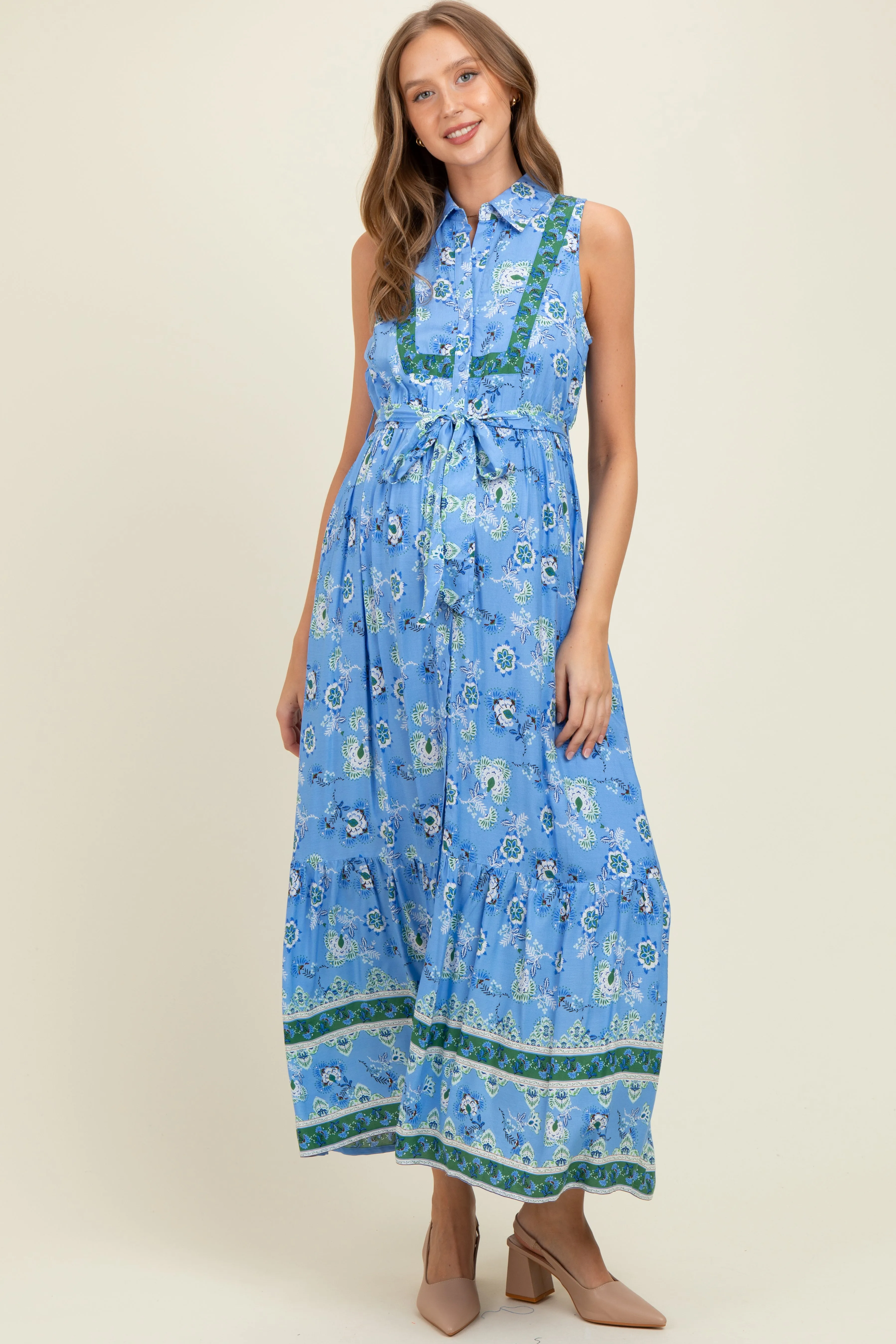 Blue Border Print Collared Button Down Maternity Maxi Dress sold by Pinkblush