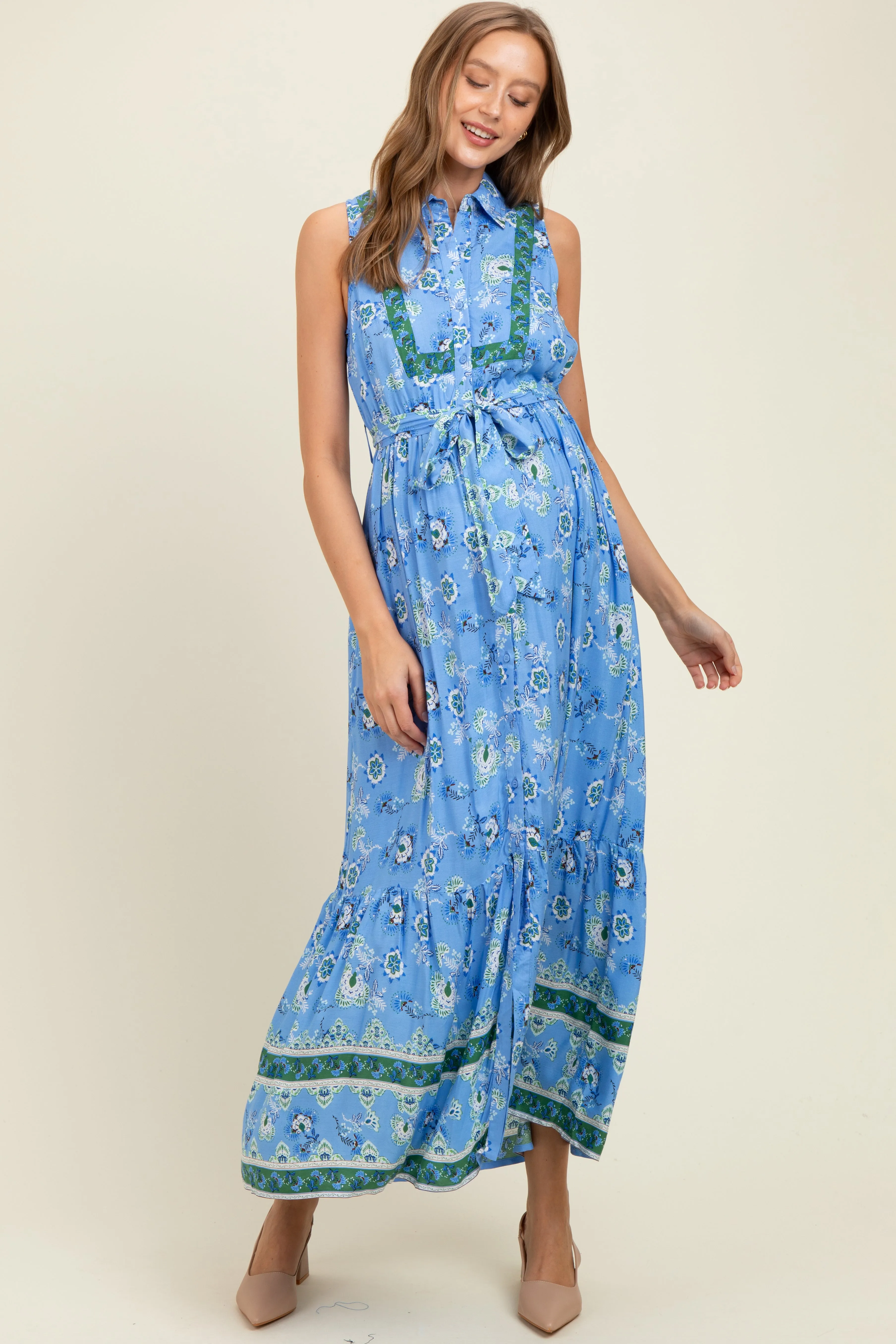 Blue Border Print Collared Button Down Maternity Maxi Dress sold by Pinkblush product image thumbnail 2