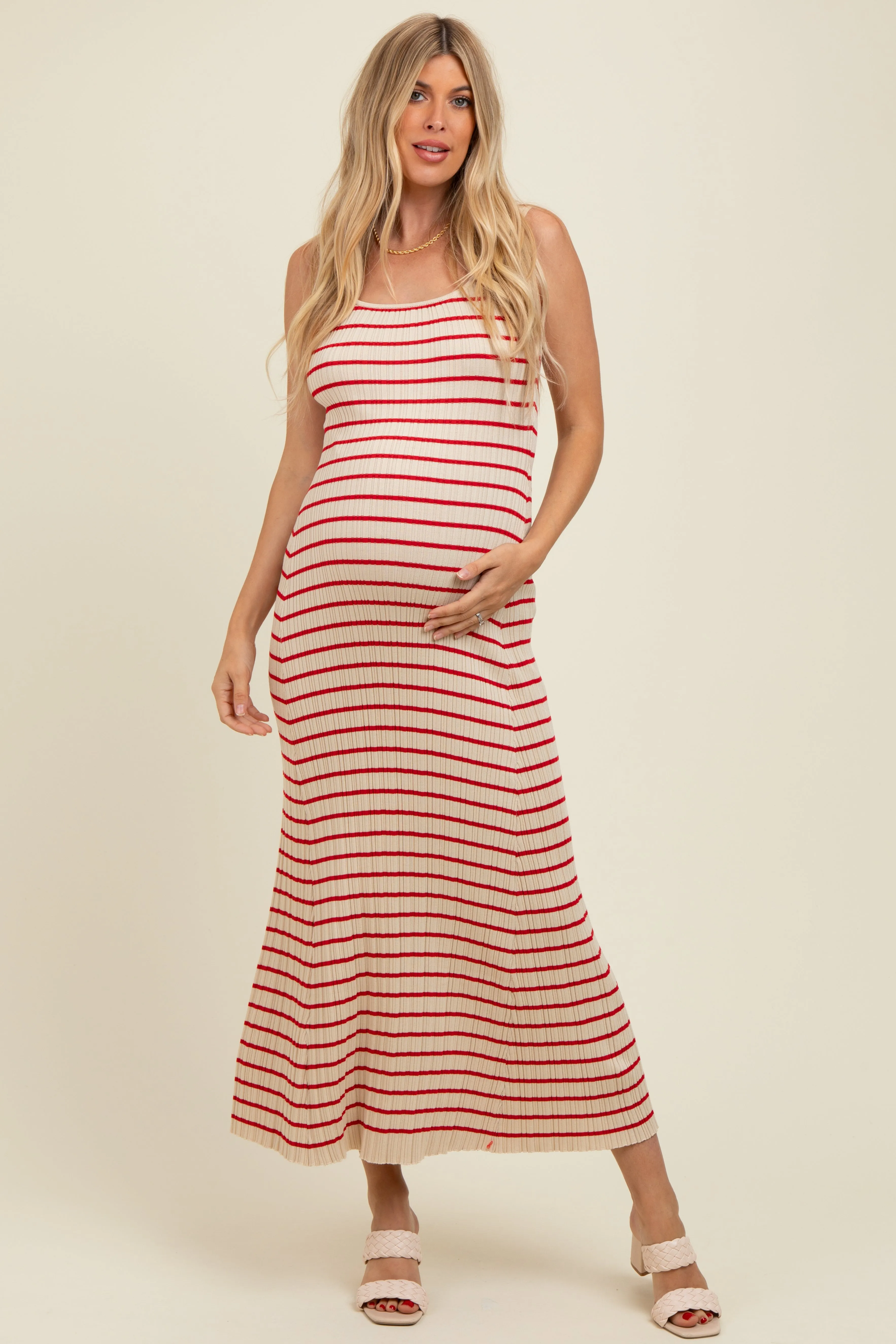 Red Striped Ribbed Sleeveless Maternity Maxi Dress sold by Pinkblush product image thumbnail 2