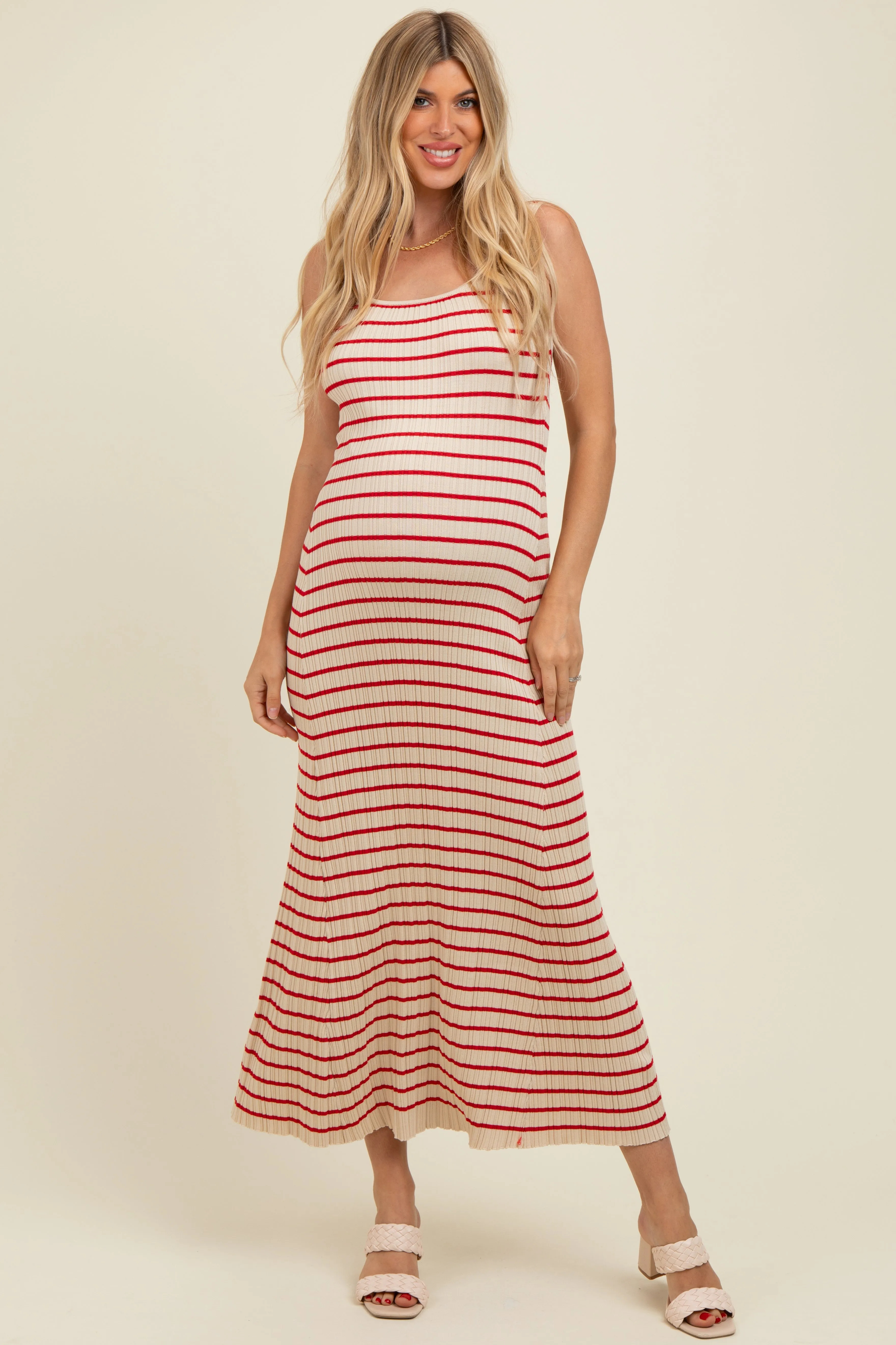 Red Striped Ribbed Sleeveless Maternity Maxi Dress sold by Pinkblush
