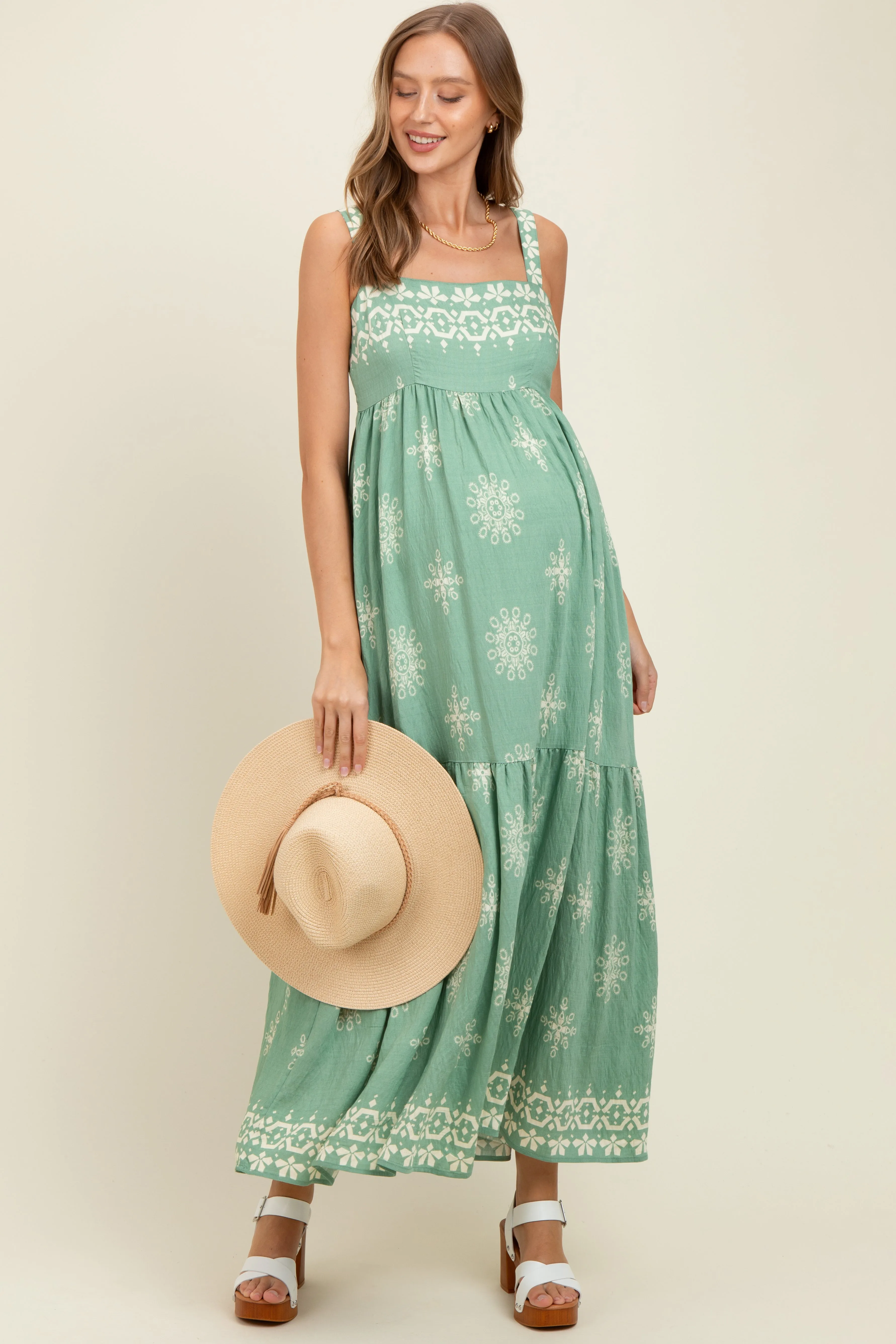 Mint Border Print Sleeveless Tiered Maternity Maxi Dress sold by Pinkblush
