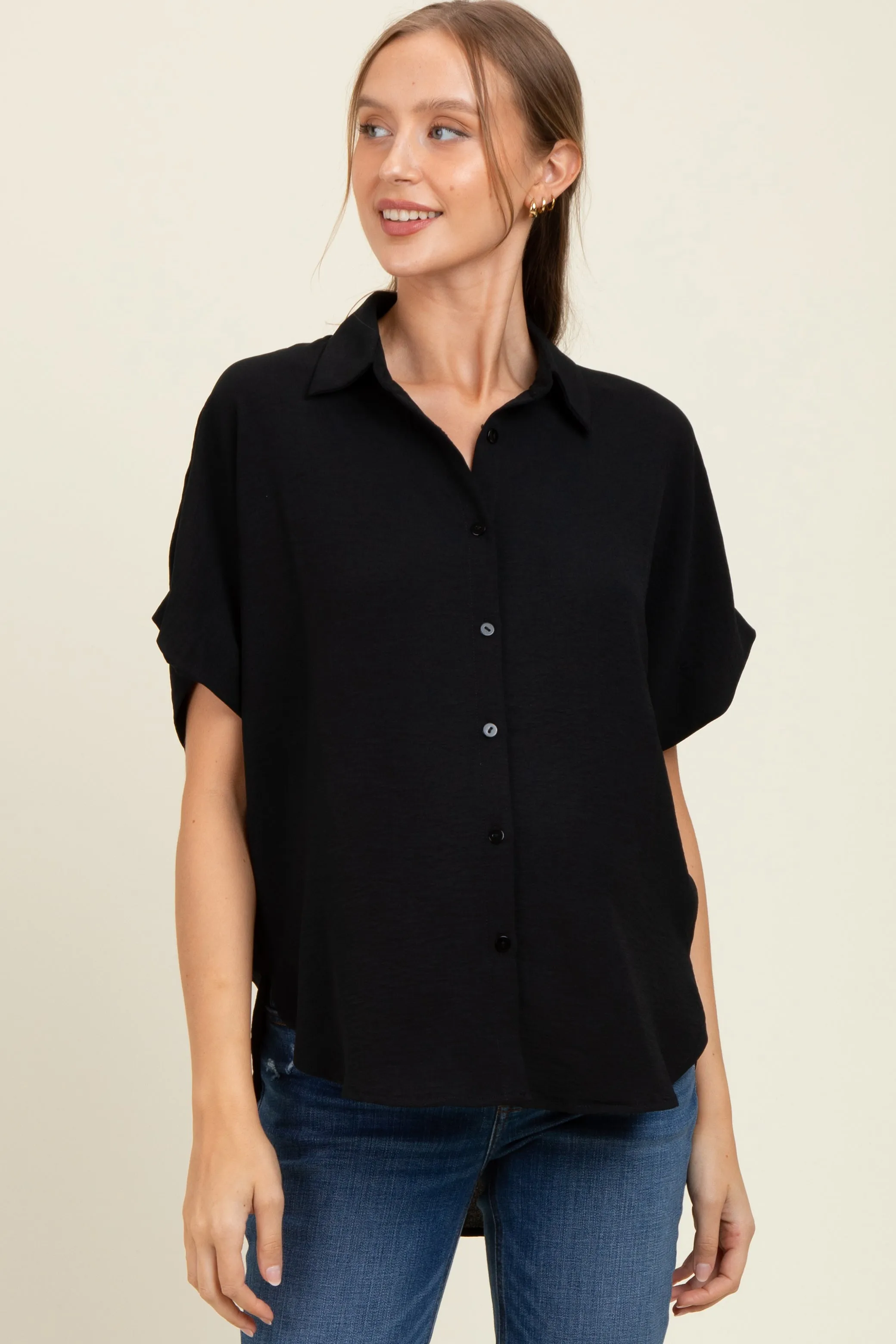 Black Solid Collared Button-Up Maternity Top sold by Pinkblush