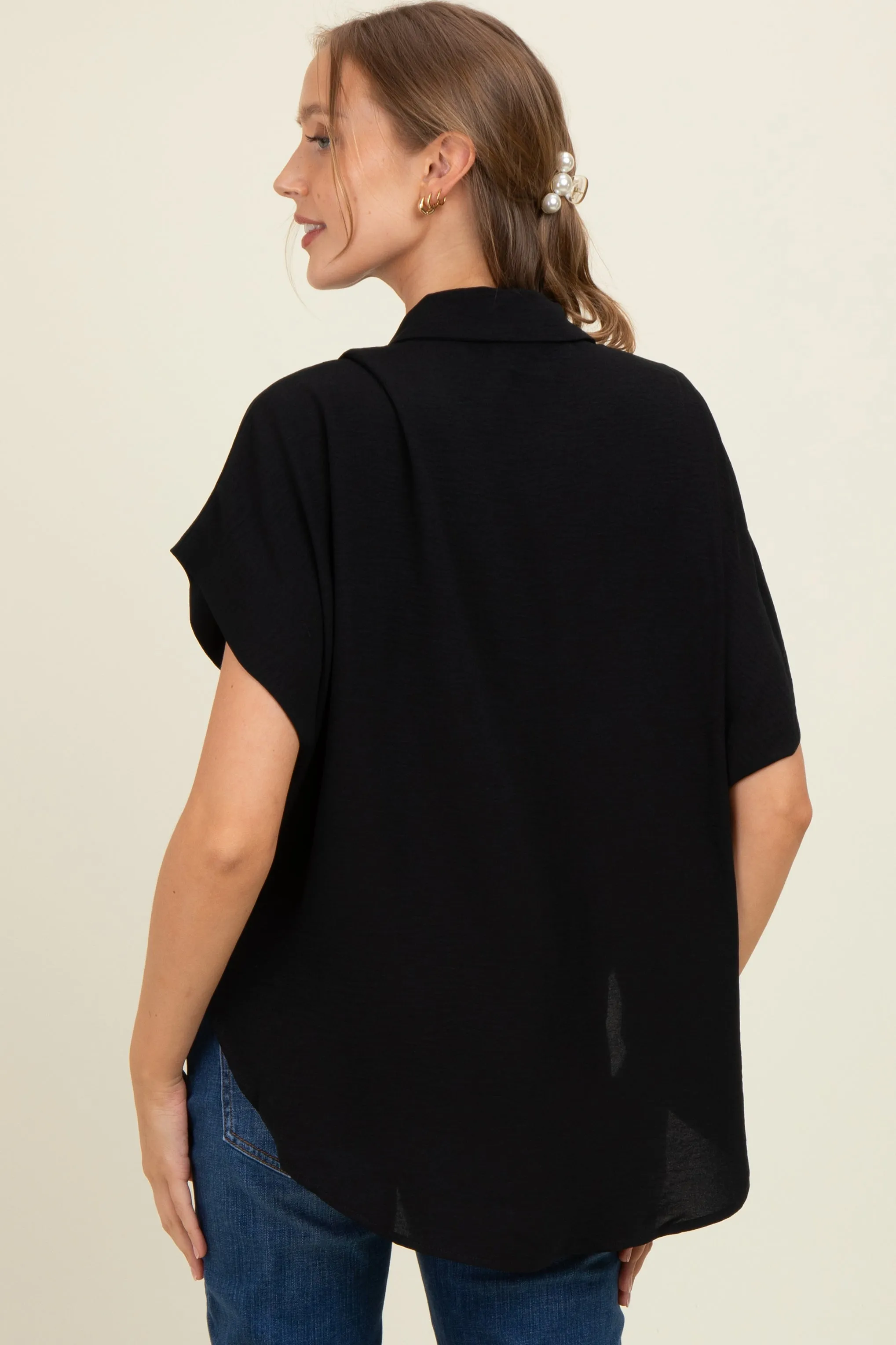 Black Solid Collared Button-Up Maternity Top sold by Pinkblush product image thumbnail 2