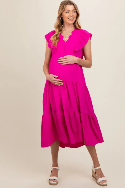 Fuchsia Flutter Sleeve Tiered Maternity Midi Dress sold by Pinkblush