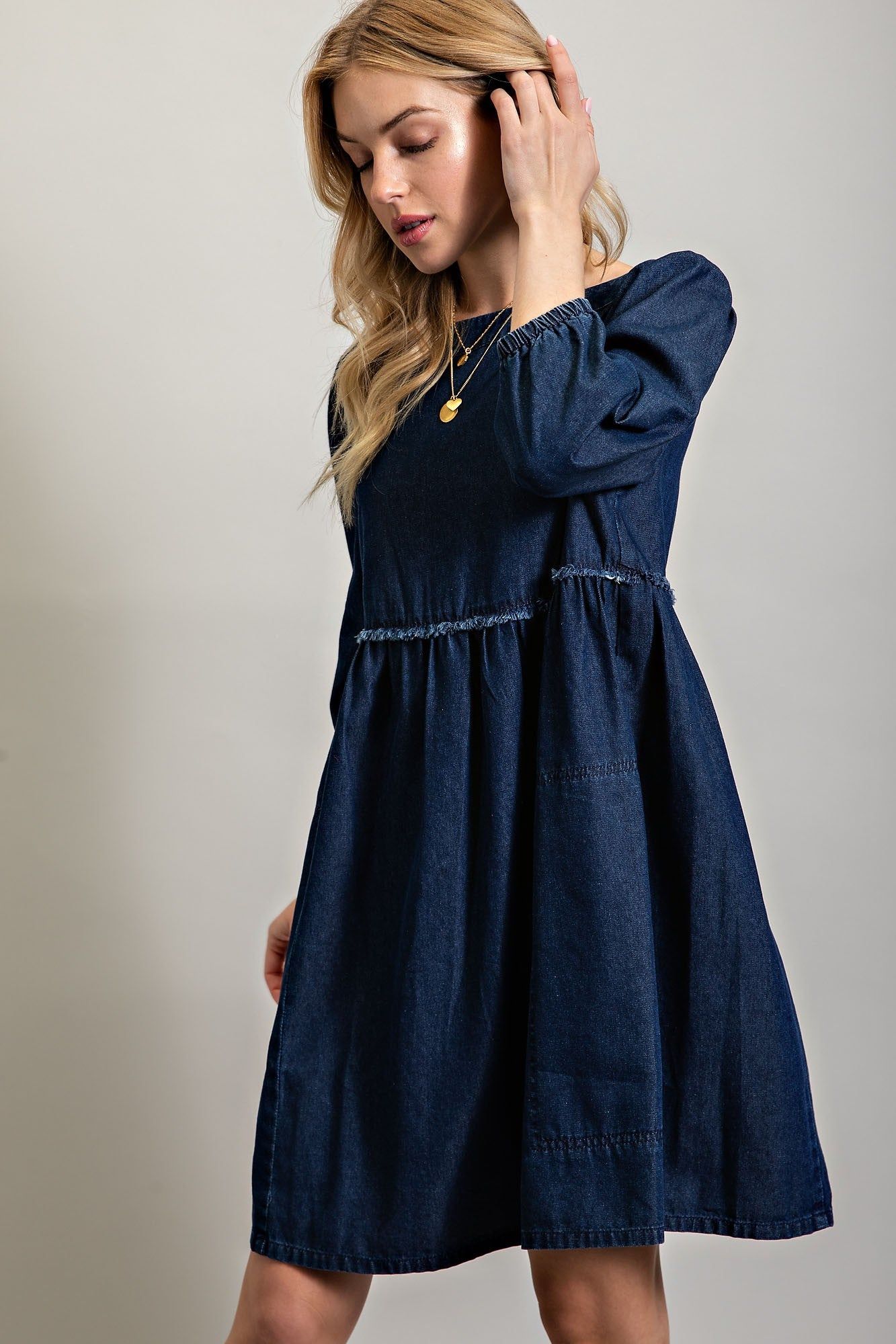 Dark Denim Obsessed Babydoll Denim Mini Dress sold by Pinkblush product image thumbnail 3