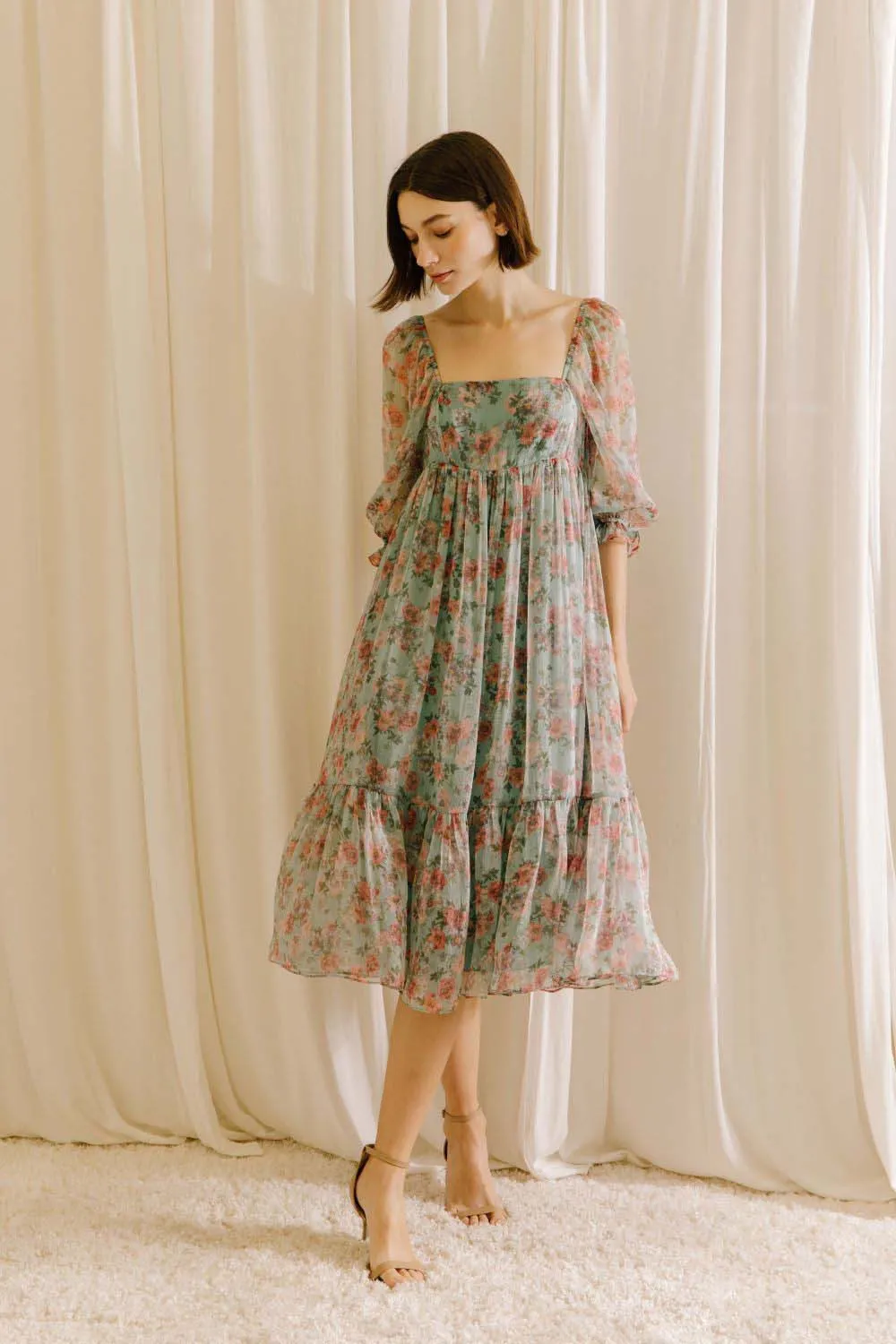 Mint Green Floral Shimmer Chiffon Square Neck Midi Dress sold by Pinkblush product image thumbnail 3