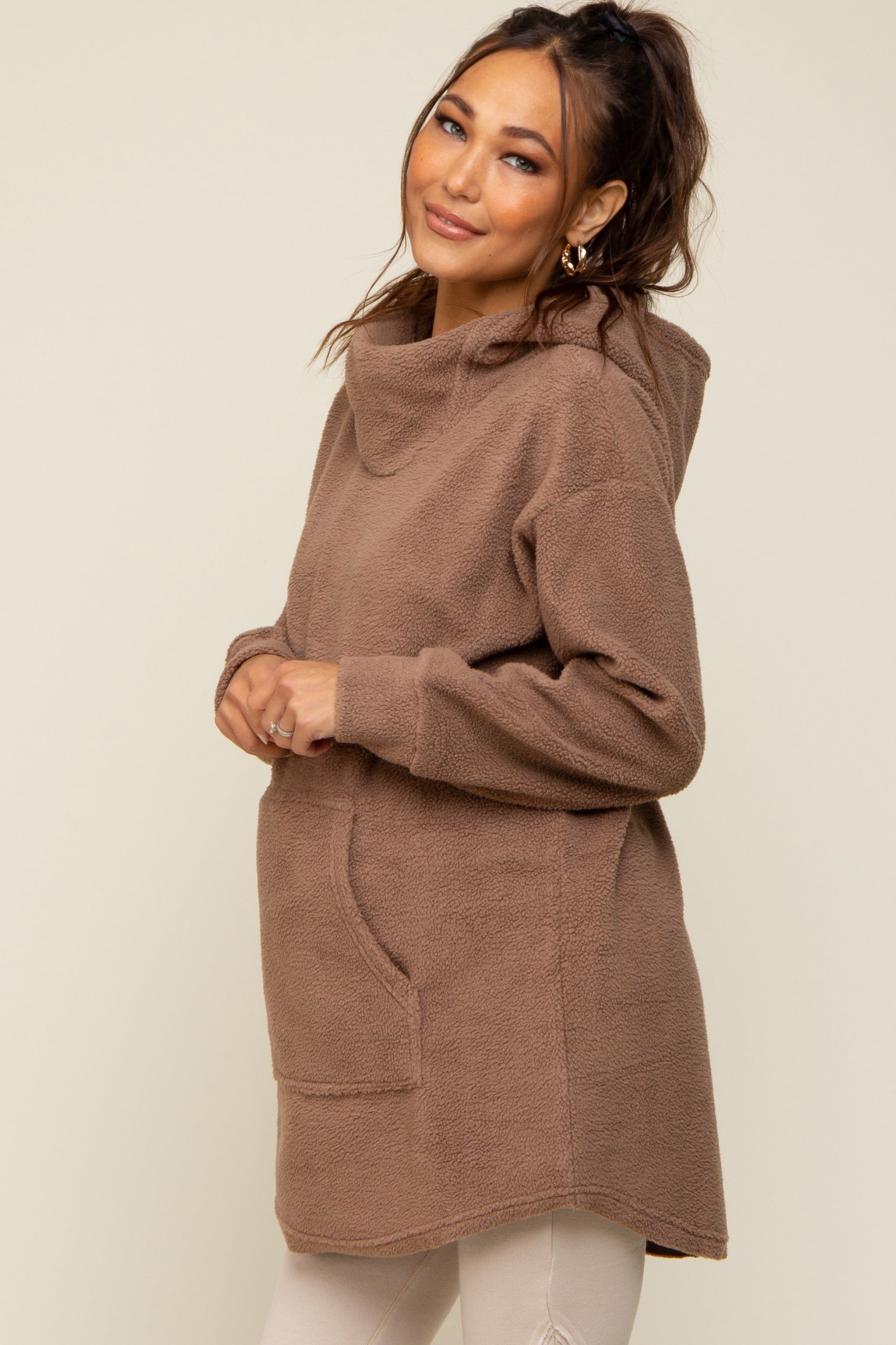 Mocha Fleece Hooded Long Maternity Sweater sold by Pinkblush product image thumbnail 3
