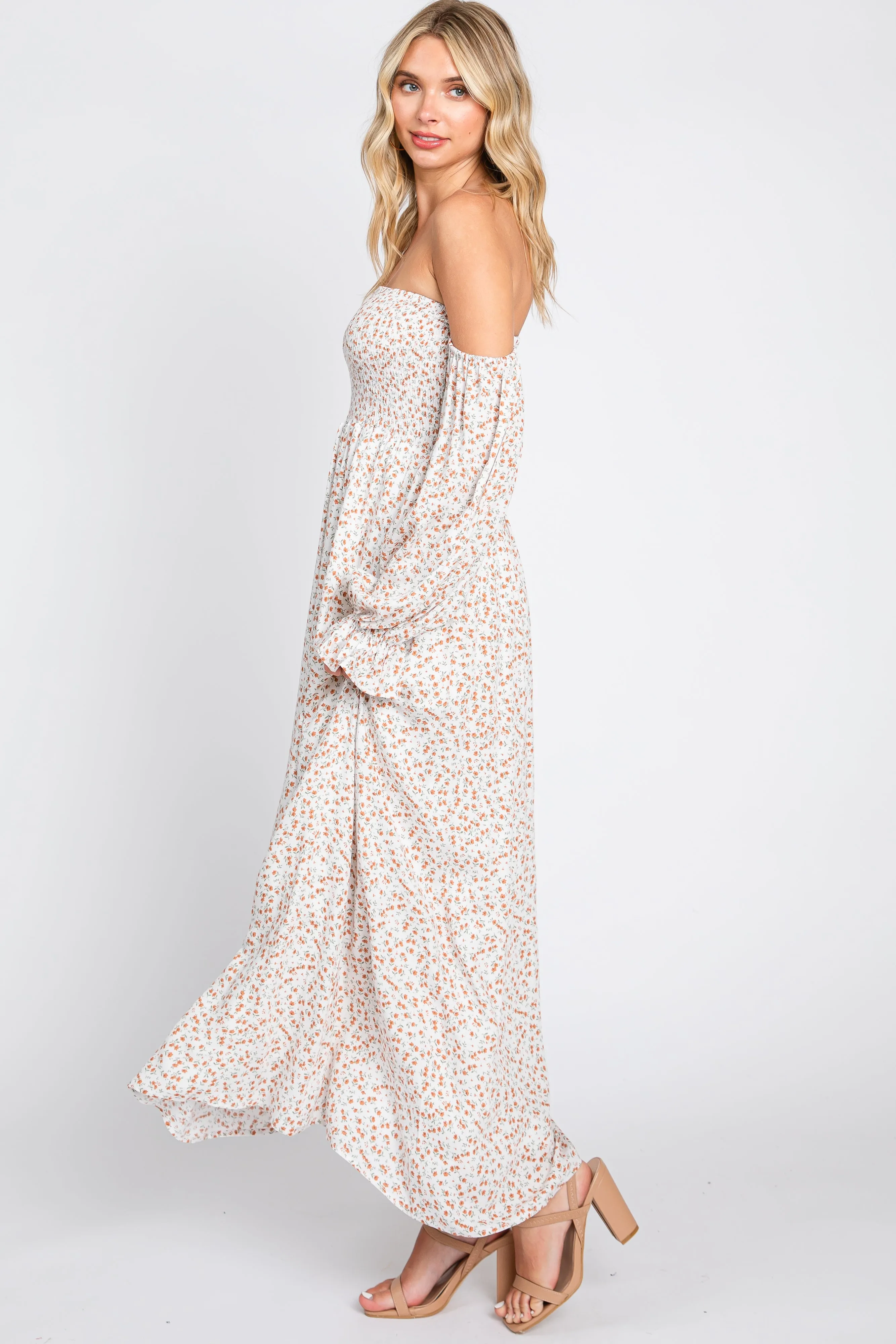 Cream Floral Square Neck Smocked Long Sleeve Maxi Dress sold by Pinkblush product image thumbnail 2