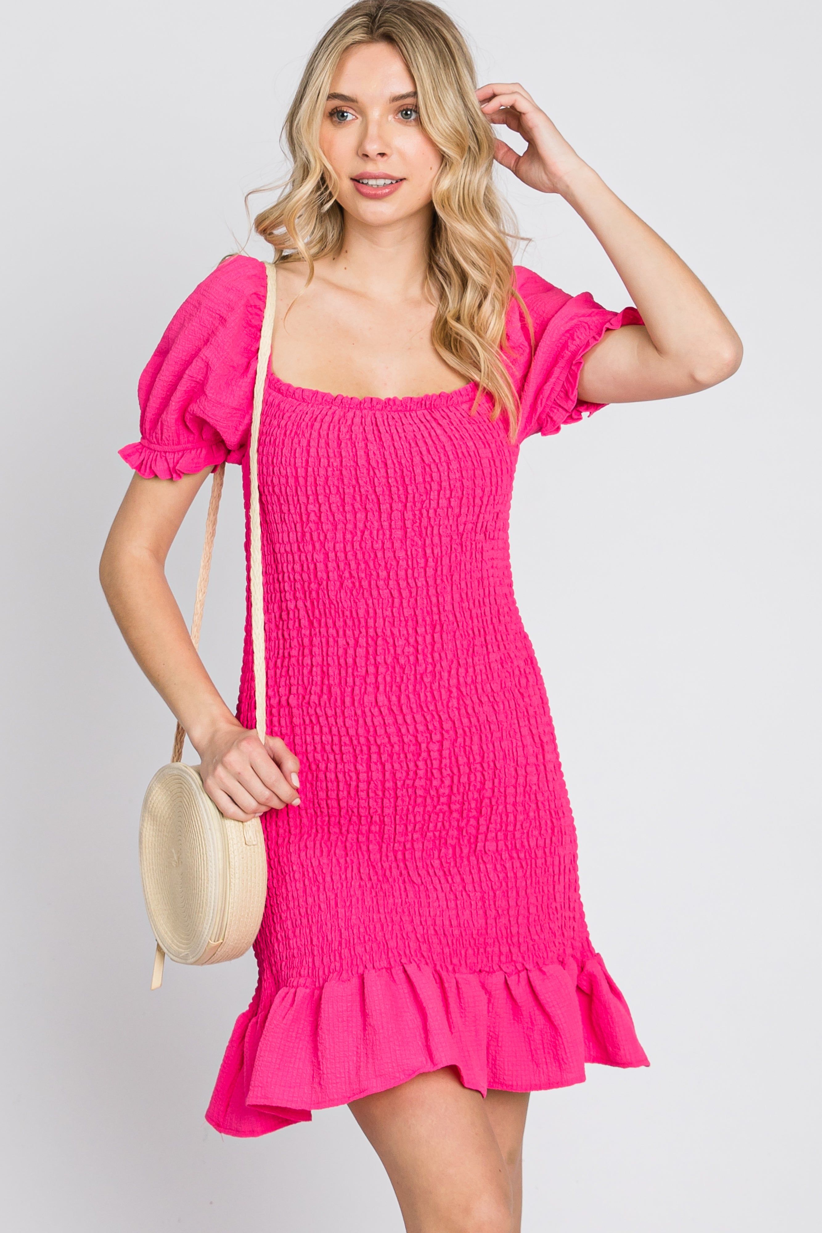 Fuchsia Smocked Puff Sleeve Maternity Dress sold by Pinkblush product image thumbnail 5