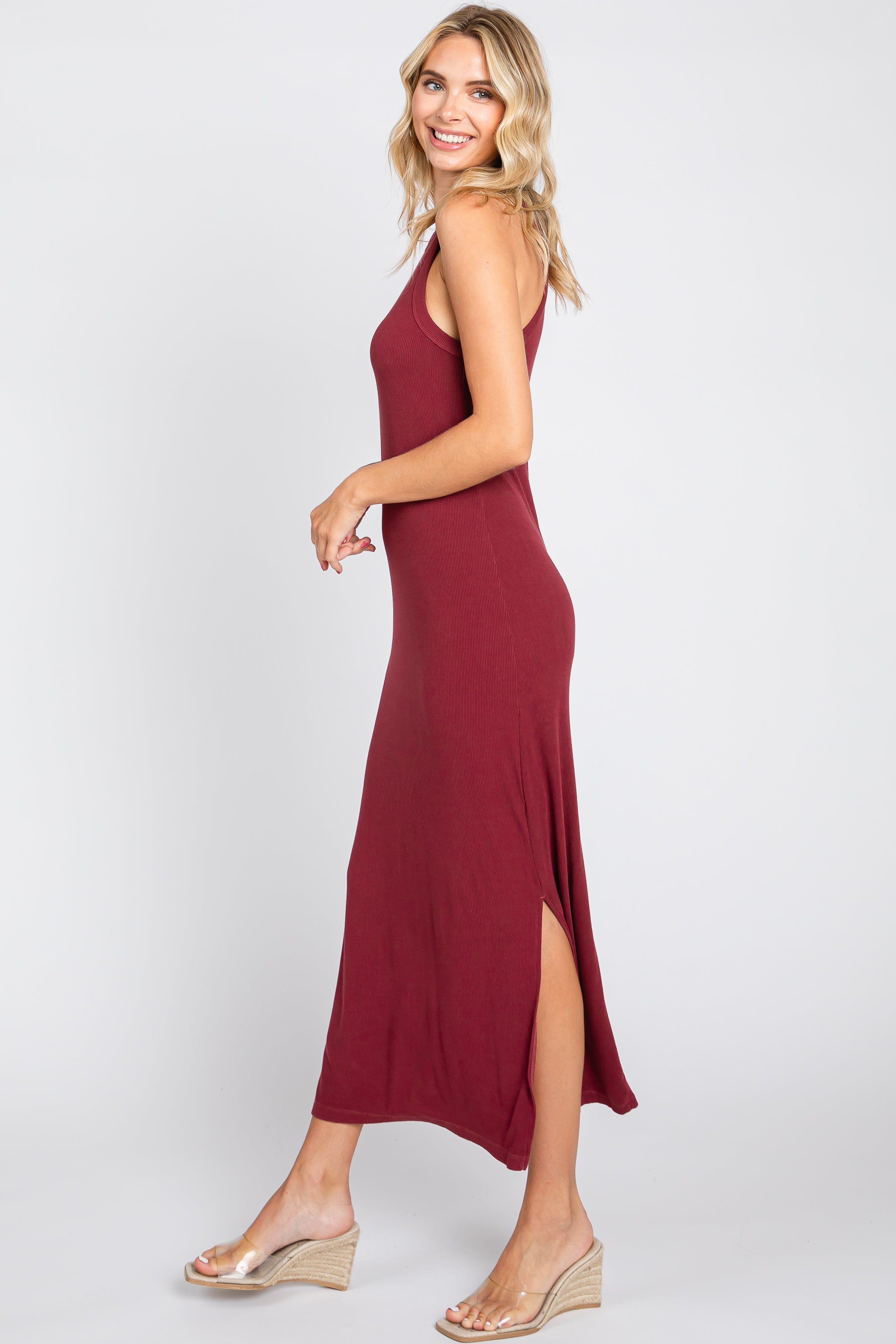 Burgundy Sleeveless Ribbed Side Slit Maxi Dress sold by Pinkblush product image thumbnail 2