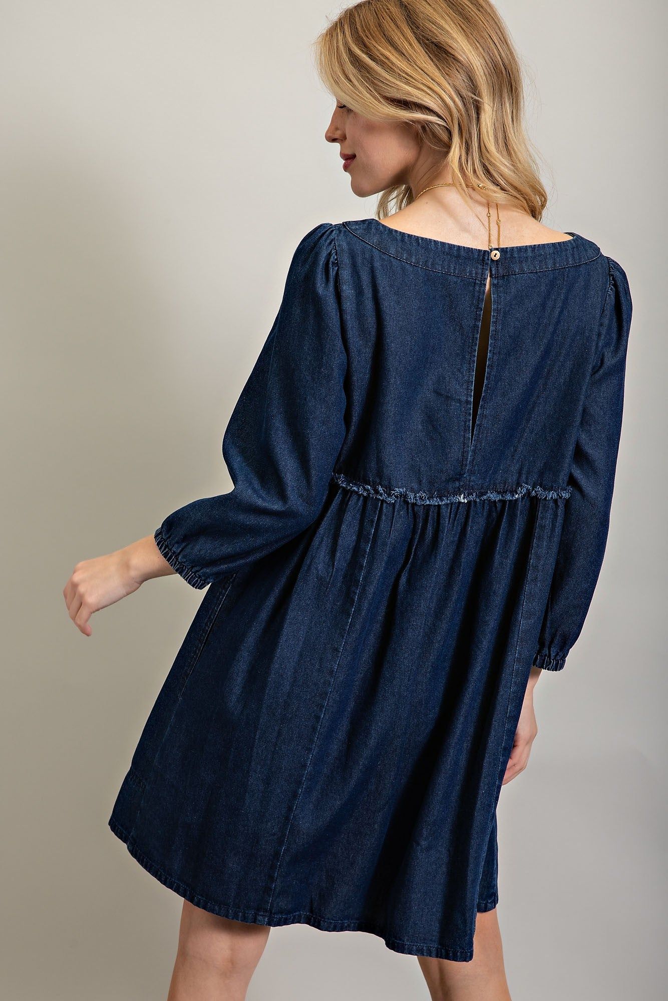 Dark Denim Obsessed Babydoll Denim Mini Dress sold by Pinkblush product image thumbnail 4