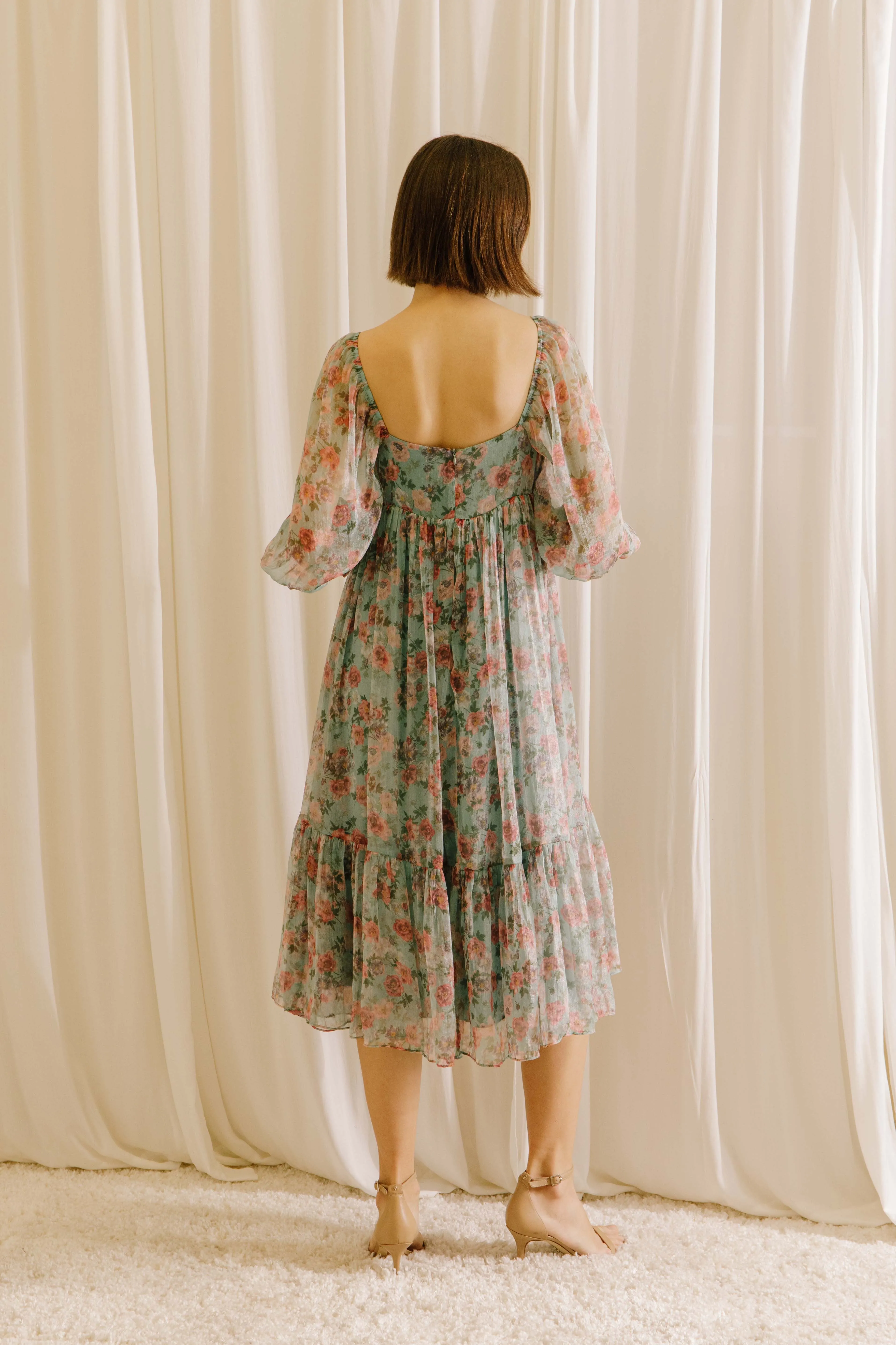 Mint Green Floral Shimmer Chiffon Square Neck Midi Dress sold by Pinkblush product image thumbnail 4