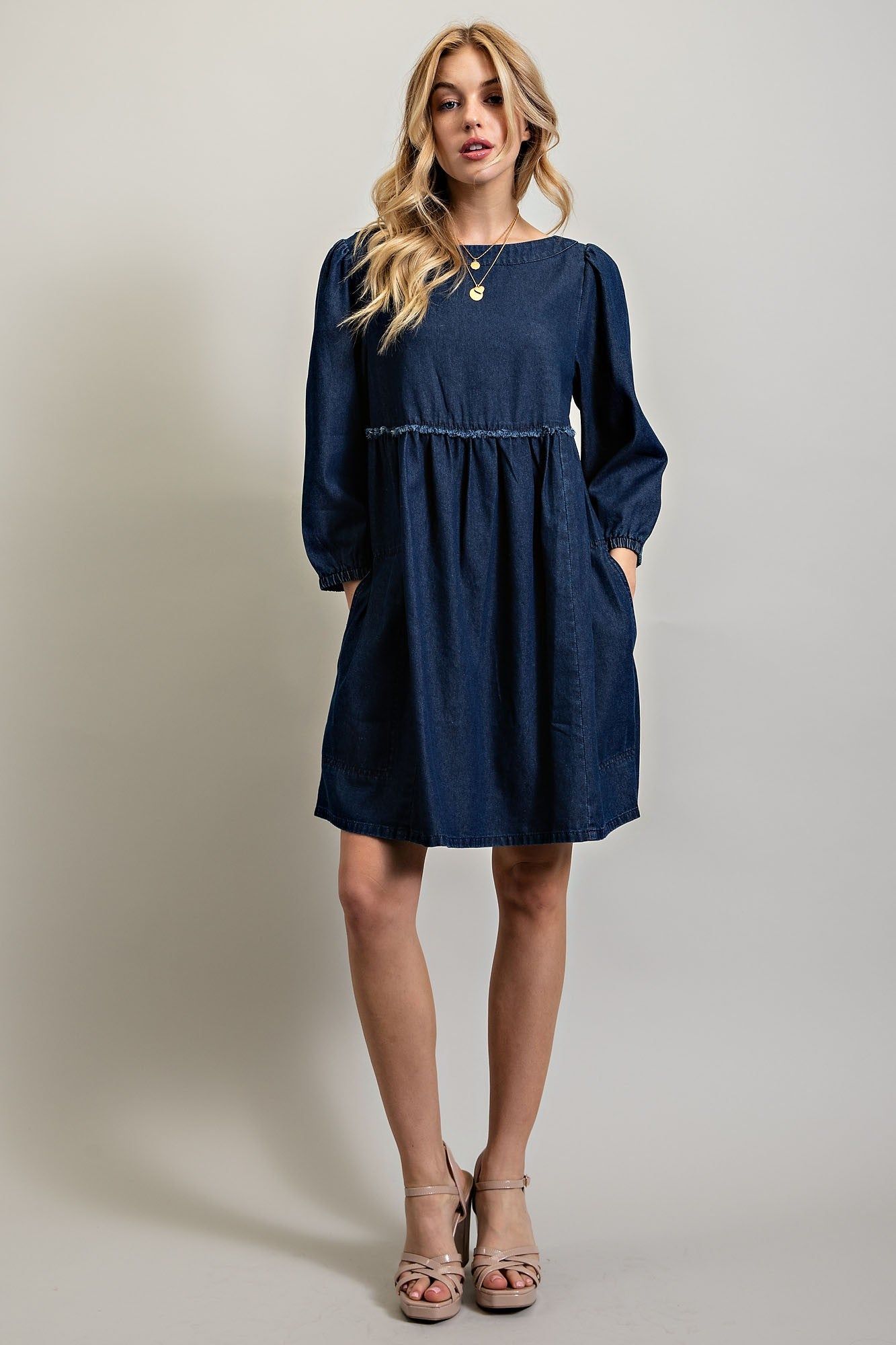 Dark Denim Obsessed Babydoll Denim Mini Dress sold by Pinkblush