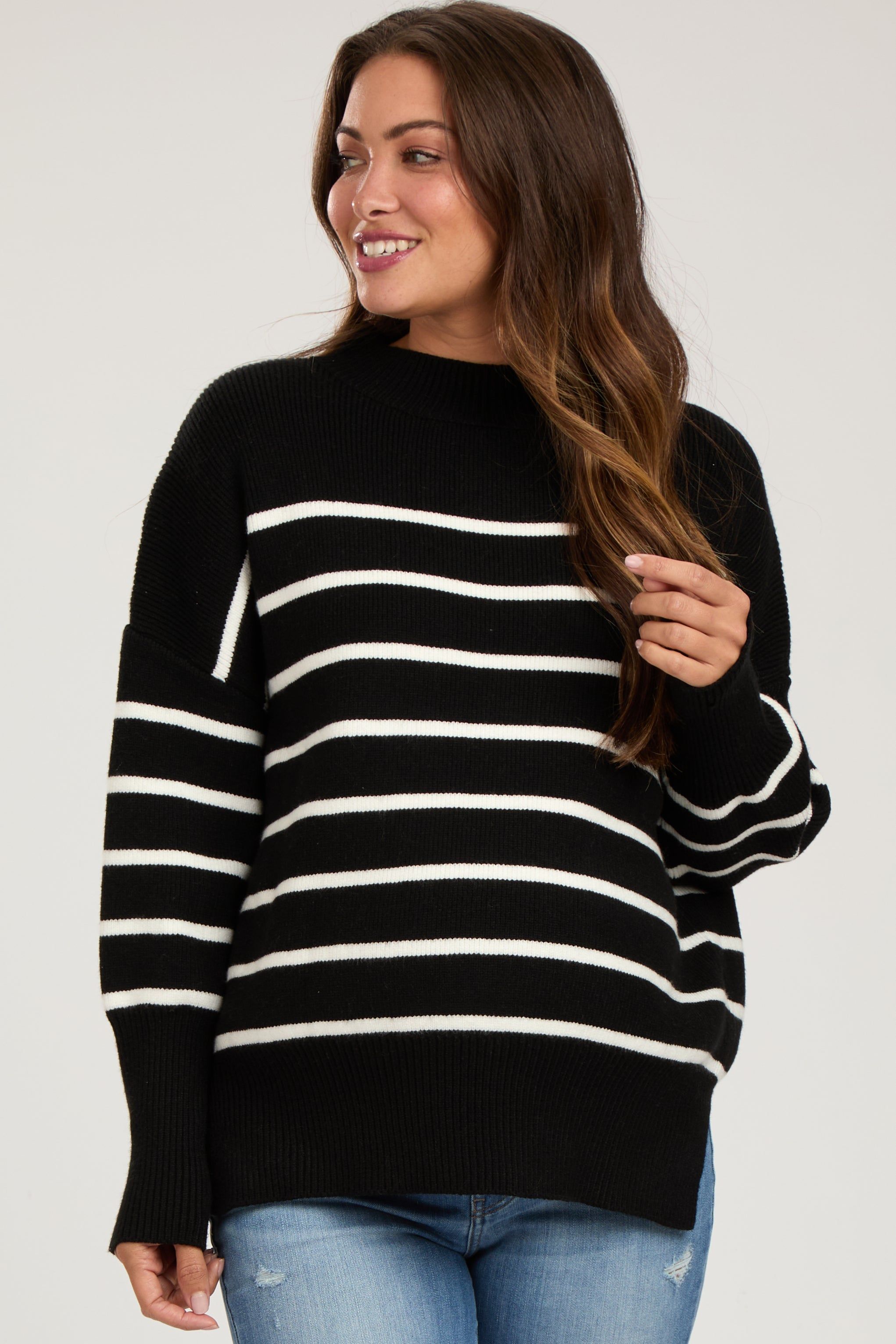 Black Striped Drop Shoulder Maternity Sweater sold by Pinkblush