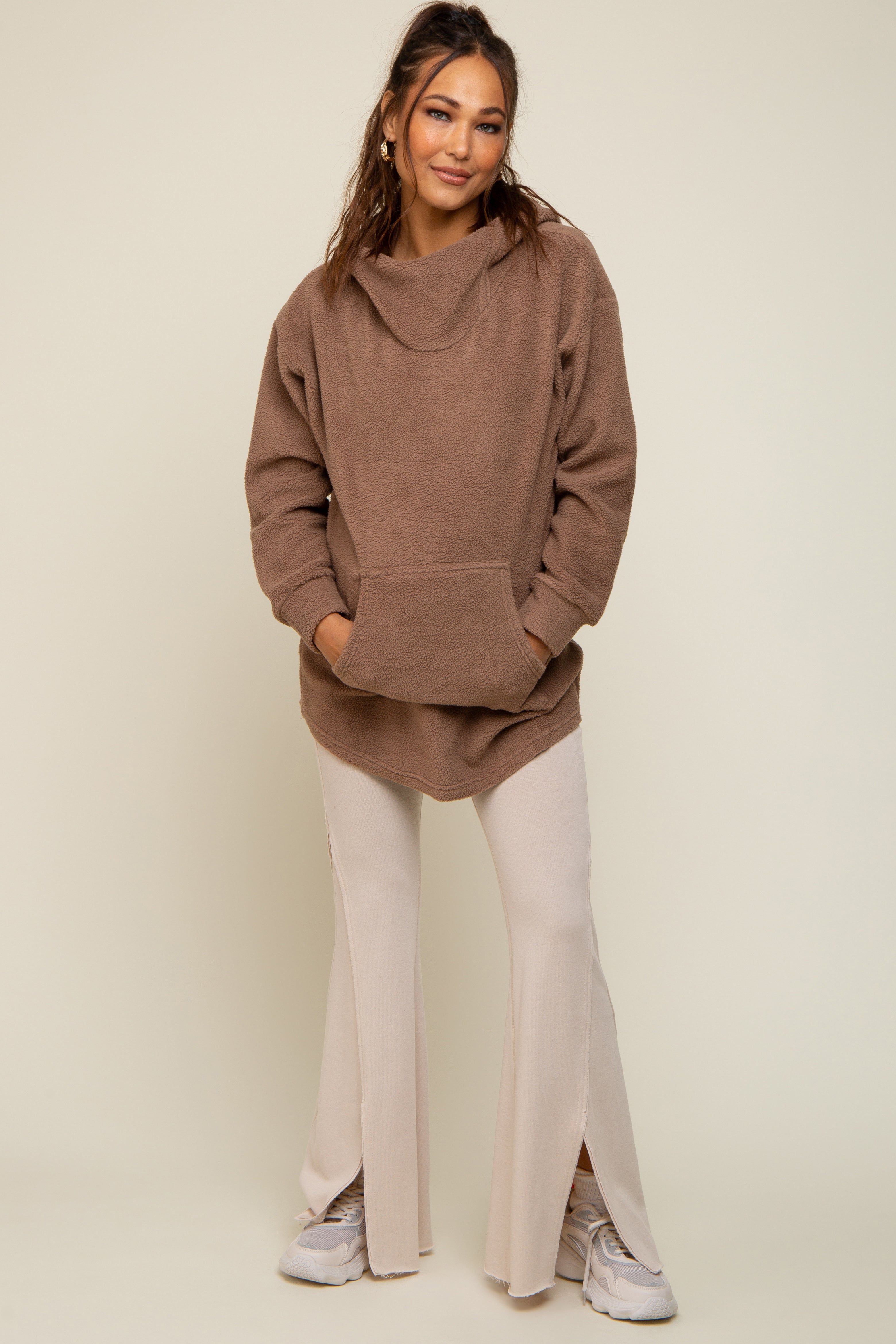 Mocha Fleece Hooded Long Maternity Sweater sold by Pinkblush