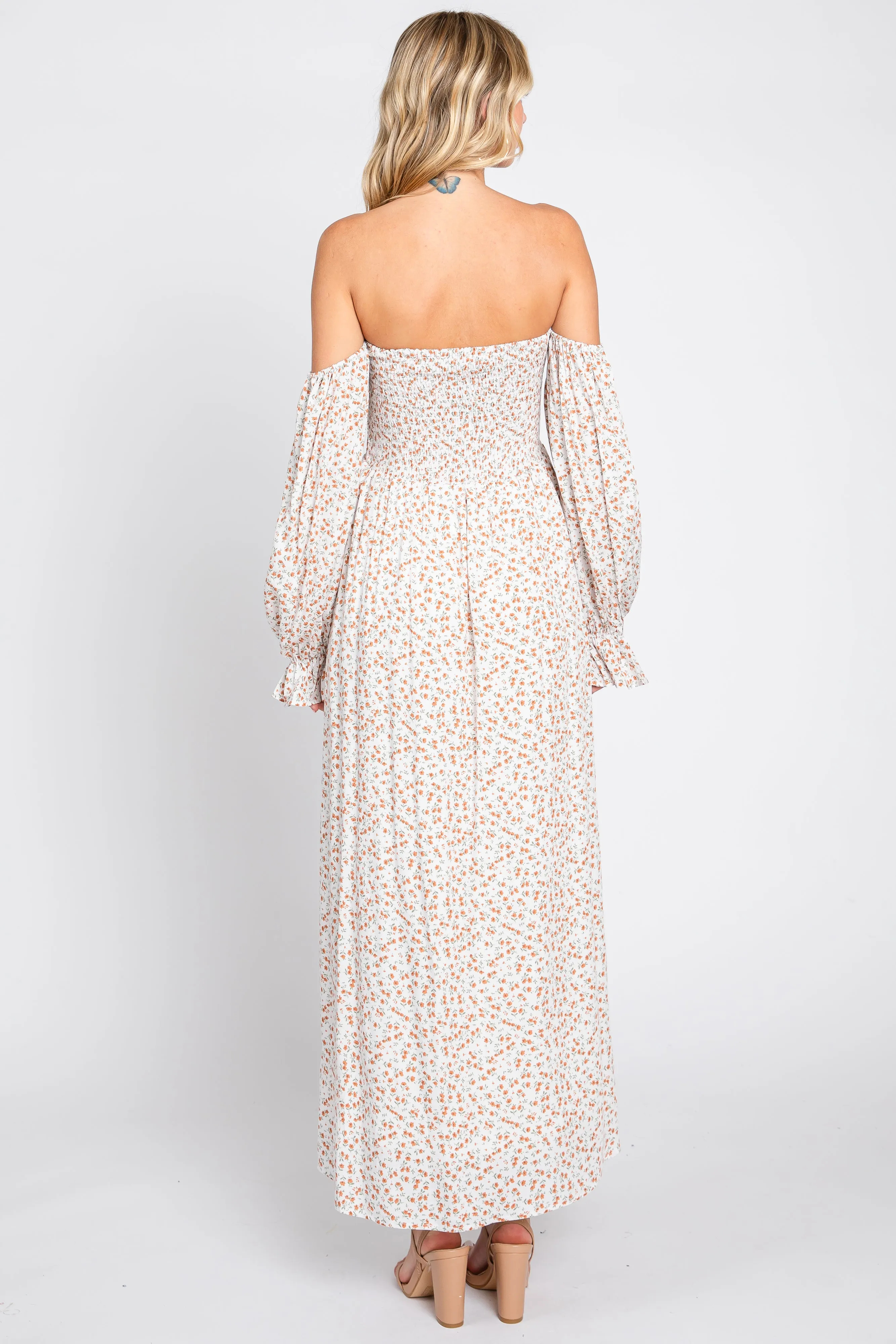 Cream Floral Square Neck Smocked Long Sleeve Maxi Dress sold by Pinkblush product image thumbnail 3