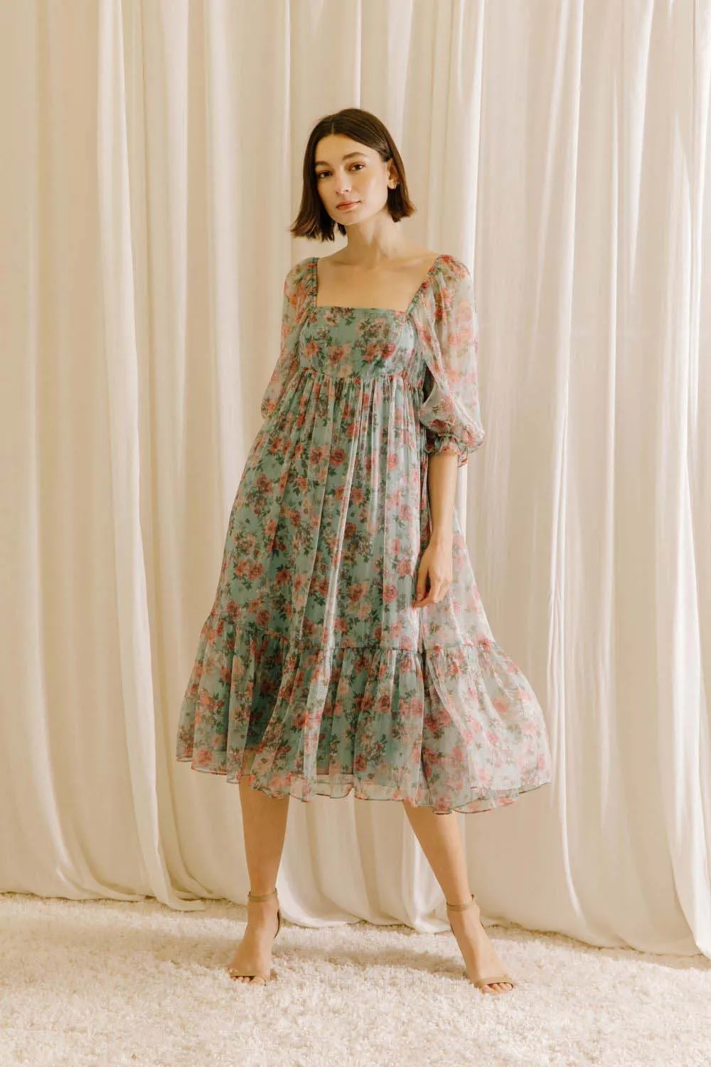 Mint Green Floral Shimmer Chiffon Square Neck Midi Dress sold by Pinkblush product image thumbnail 2