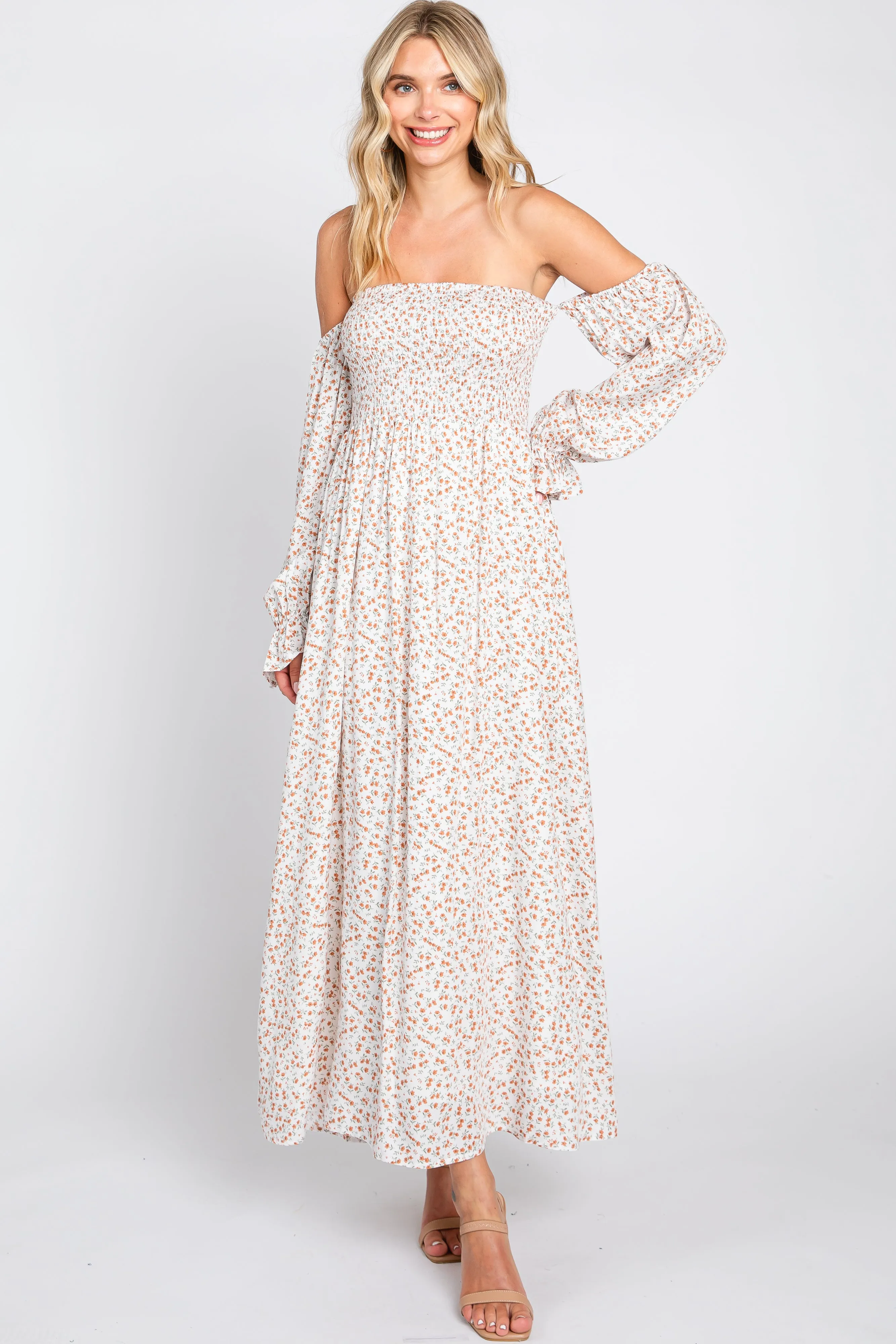 Cream Floral Square Neck Smocked Long Sleeve Maxi Dress sold by Pinkblush