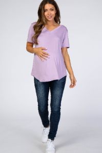 Lavender V-Neck Short Sleeve Maternity Top sold by Pinkblush