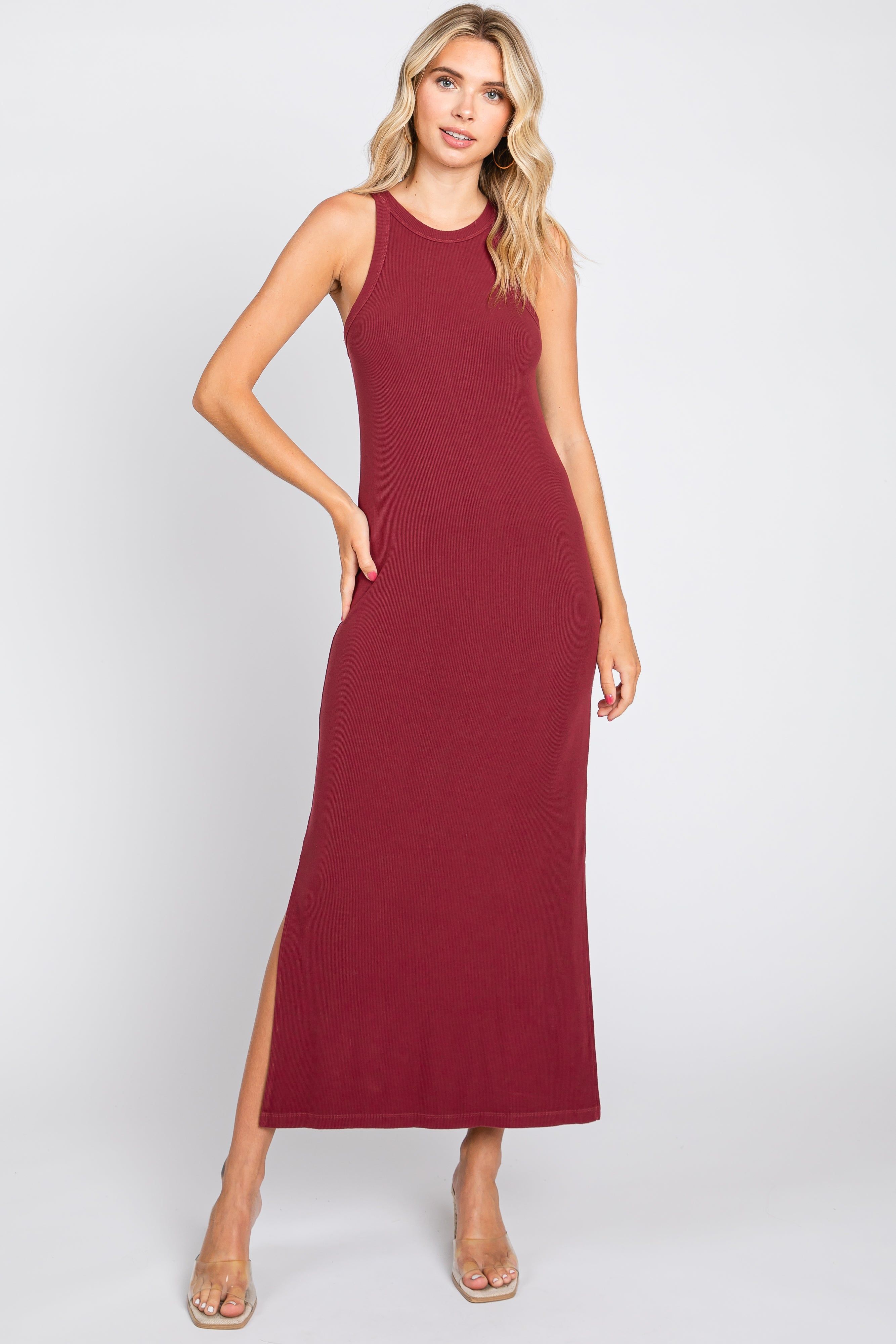 Burgundy Sleeveless Ribbed Side Slit Maxi Dress sold by Pinkblush