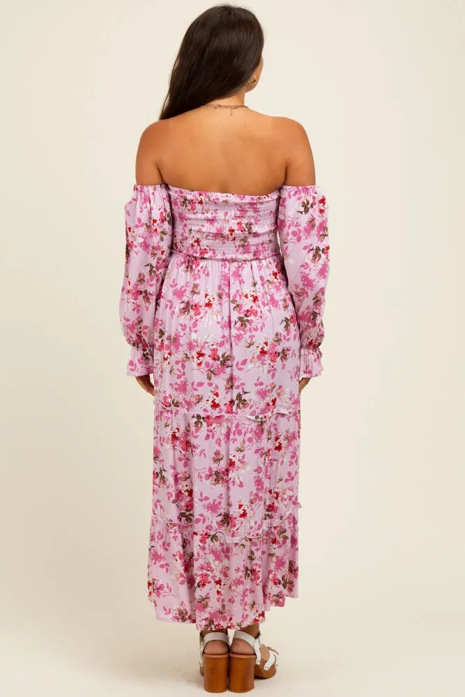 Light Pink Floral Off Shoulder Long Sleeve Maternity Maxi Dress sold by Pinkblush product image thumbnail 4