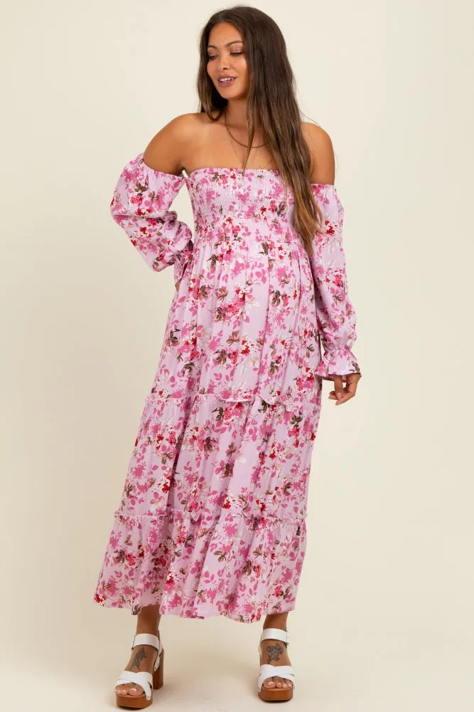 Light Pink Floral Off Shoulder Long Sleeve Maternity Maxi Dress sold by Pinkblush