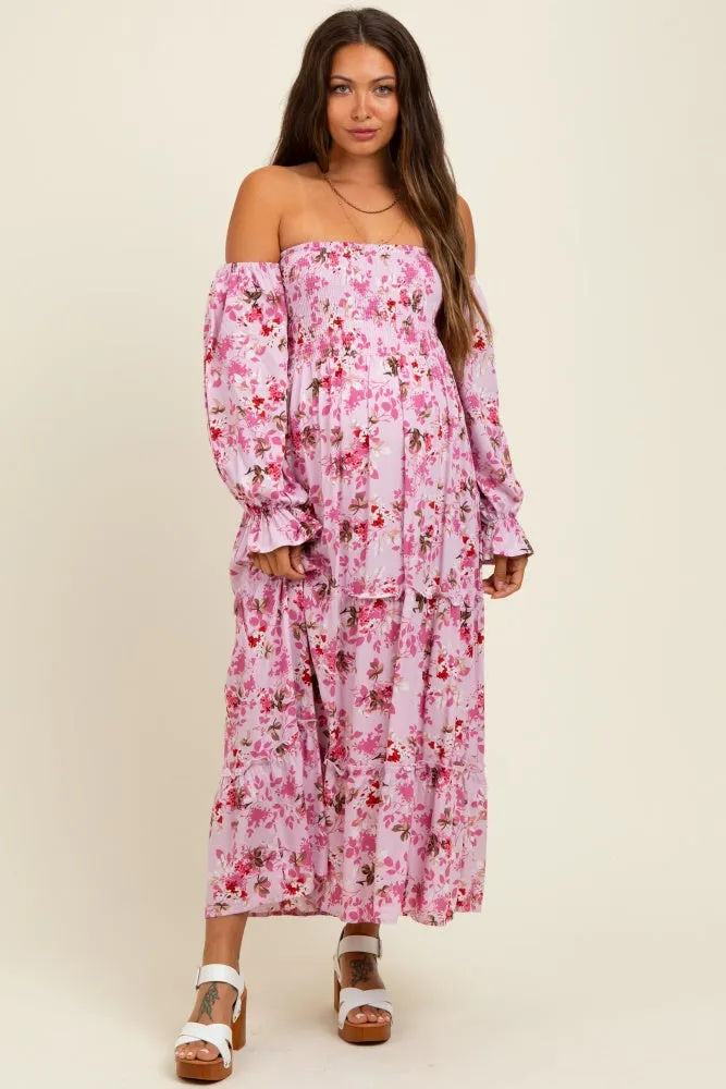Light Pink Floral Off Shoulder Long Sleeve Maternity Maxi Dress sold by Pinkblush product image thumbnail 2