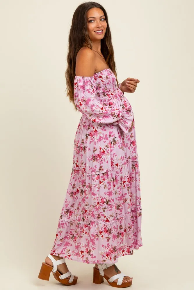 Light Pink Floral Off Shoulder Long Sleeve Maternity Maxi Dress sold by Pinkblush product image thumbnail 3