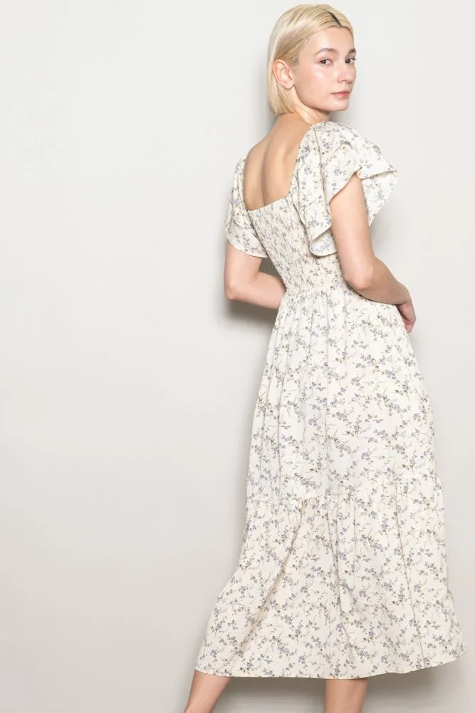Ivory Floral Smocked Flutter Sleeve Midi Dress sold by Pinkblush product image thumbnail 4