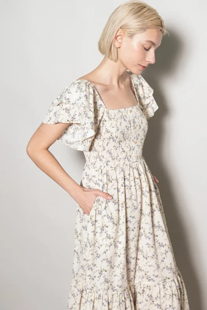 Ivory Floral Smocked Flutter Sleeve Midi Dress sold by Pinkblush product image thumbnail 5