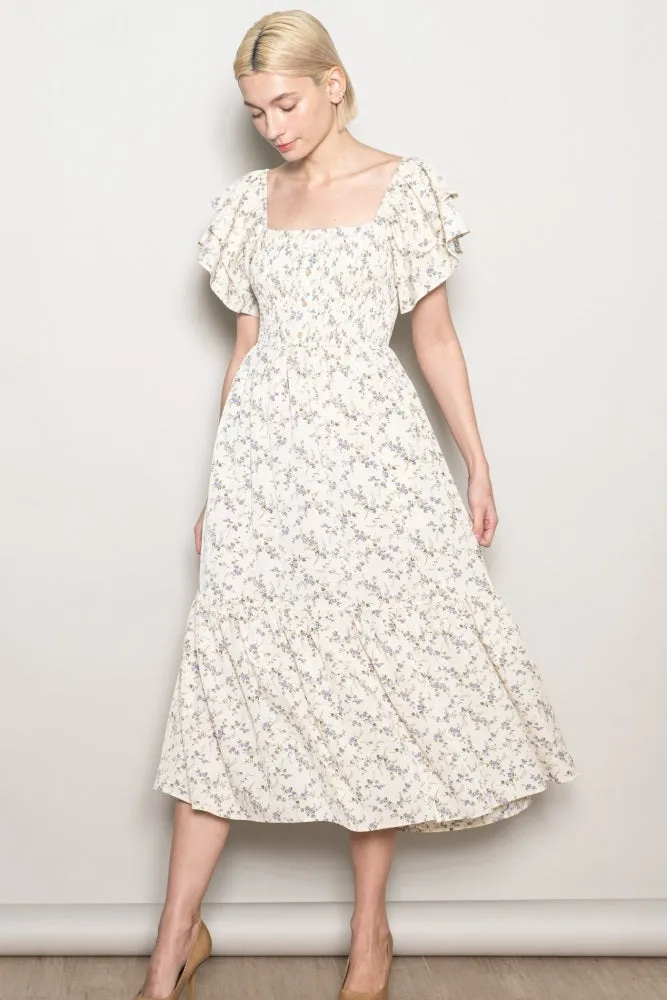 Ivory Floral Smocked Flutter Sleeve Midi Dress sold by Pinkblush product image thumbnail 2