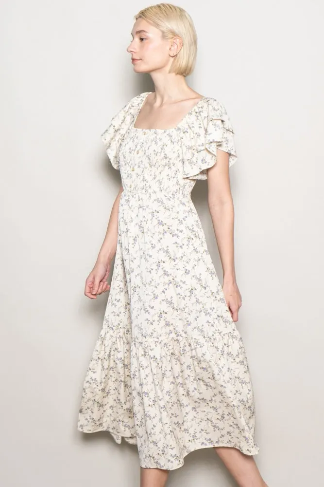 Ivory Floral Smocked Flutter Sleeve Midi Dress sold by Pinkblush product image thumbnail 3