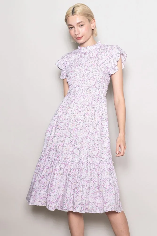 Pink Floral Mock Neck Smocked Ruffe Sleeve Midi Dress sold by Pinkblush product image thumbnail 3