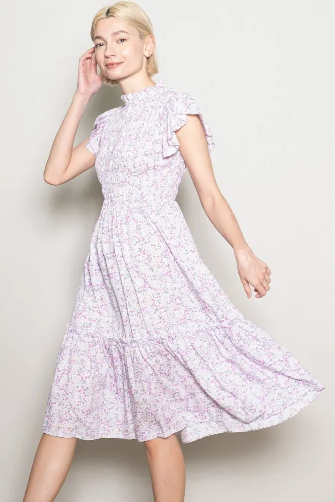 Pink Floral Mock Neck Smocked Ruffe Sleeve Midi Dress sold by Pinkblush product image thumbnail 4