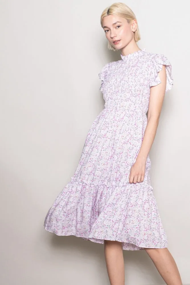 Pink Floral Mock Neck Smocked Ruffe Sleeve Midi Dress sold by Pinkblush