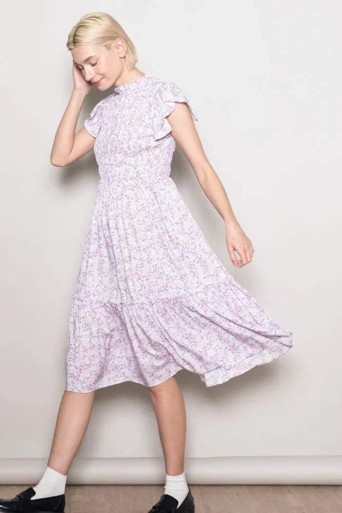 Pink Floral Mock Neck Smocked Ruffe Sleeve Midi Dress sold by Pinkblush product image thumbnail 5