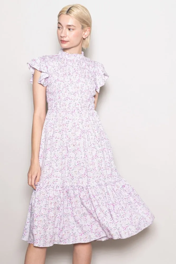 Pink Floral Mock Neck Smocked Ruffe Sleeve Midi Dress sold by Pinkblush product image thumbnail 2
