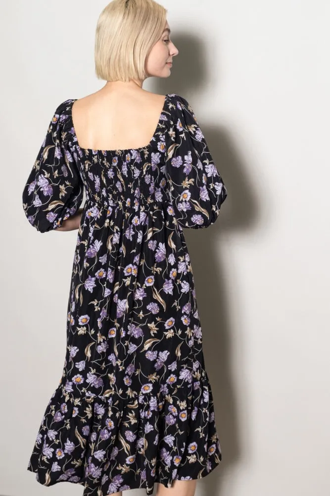 Black Floral Pleated Bodice 3/4 Sleeve Midi Dress sold by Pinkblush product image thumbnail 4