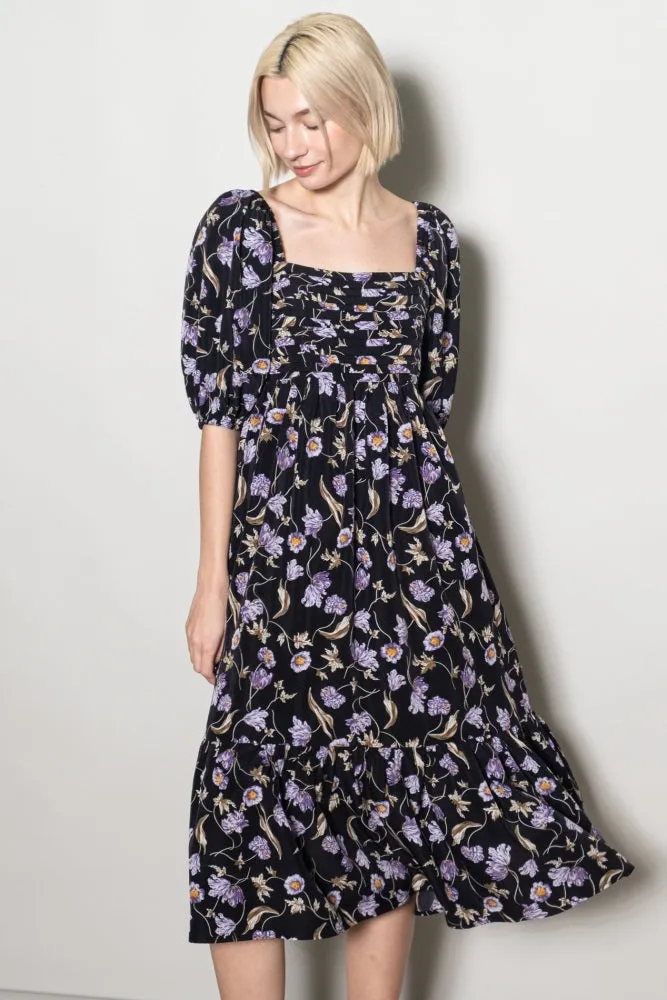 Black Floral Pleated Bodice 3/4 Sleeve Midi Dress sold by Pinkblush