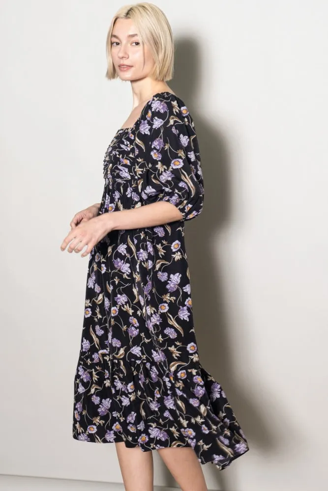 Black Floral Pleated Bodice 3/4 Sleeve Midi Dress sold by Pinkblush product image thumbnail 3