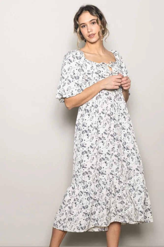 Ivory Floral Front Tie Puff Sleeve Midi Dress sold by Pinkblush product image thumbnail 2
