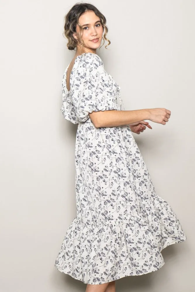 Ivory Floral Front Tie Puff Sleeve Midi Dress sold by Pinkblush product image thumbnail 3