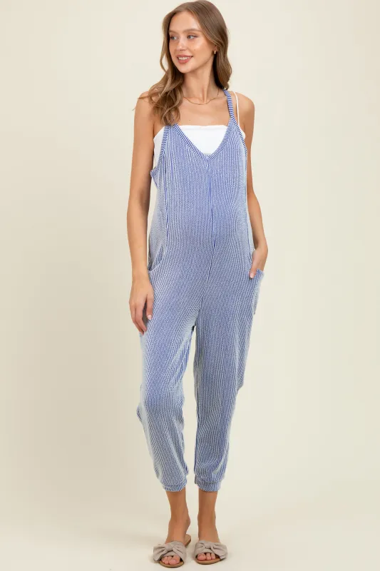 Royal Blue Ribbed Sleeveless Maternity Jumpsuit sold by Pinkblush