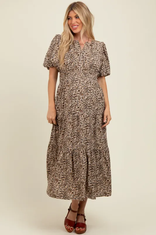 Brown Animal Print Tiered Maternity Midi Dress sold by Pinkblush