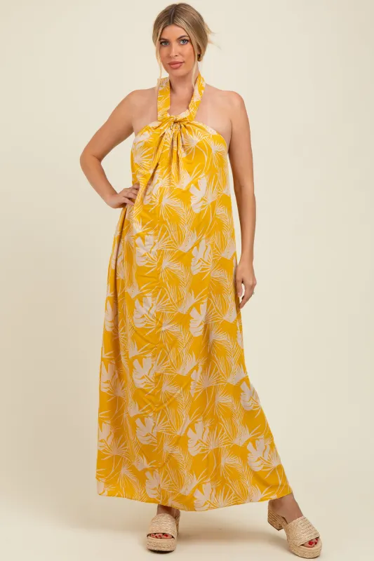 Yellow Leaf Print Halter Open Back Maternity Maxi Dress sold by Pinkblush