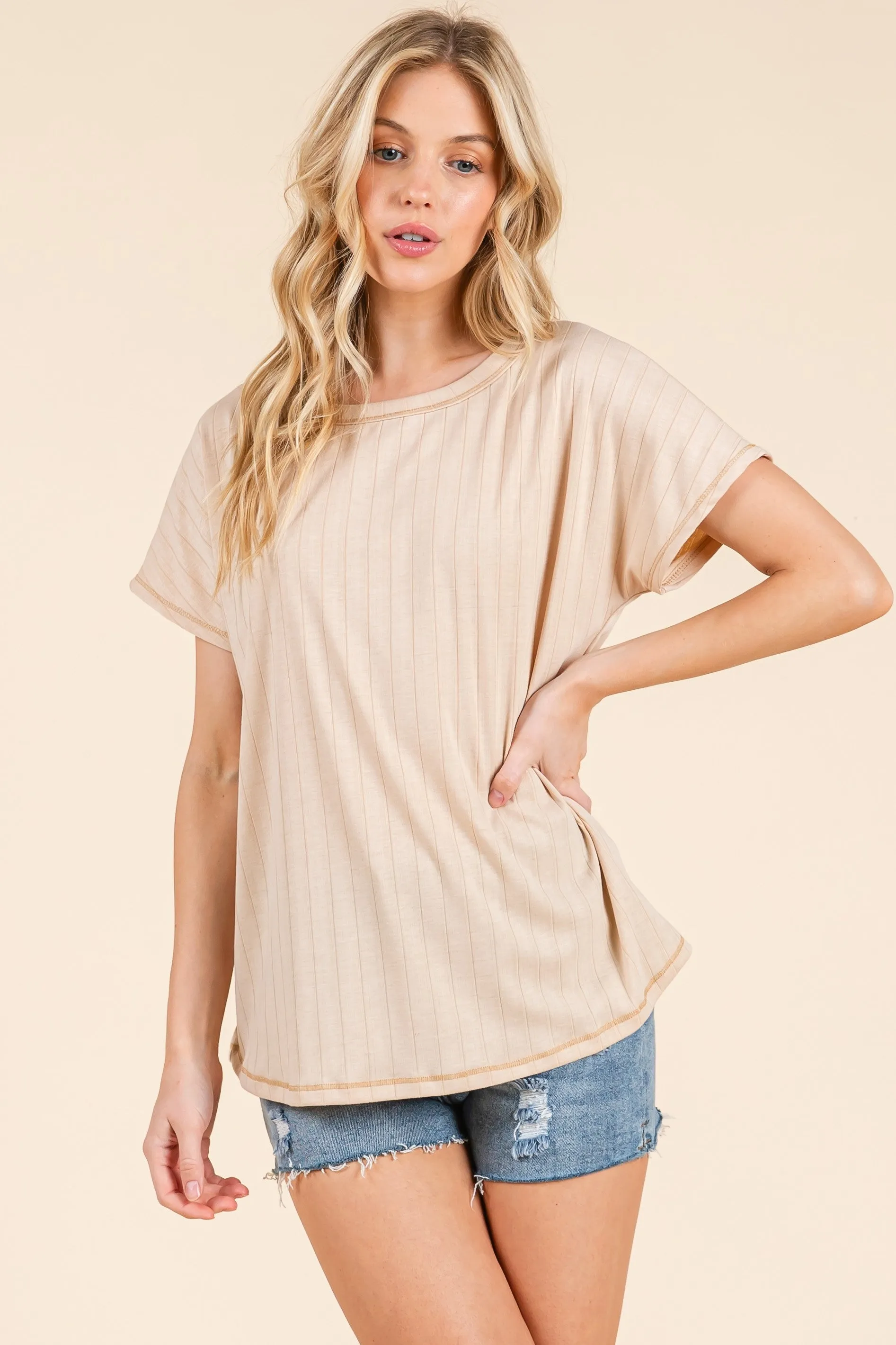 Beige Ribbed Relaxed Tee sold by Pinkblush product image thumbnail 2