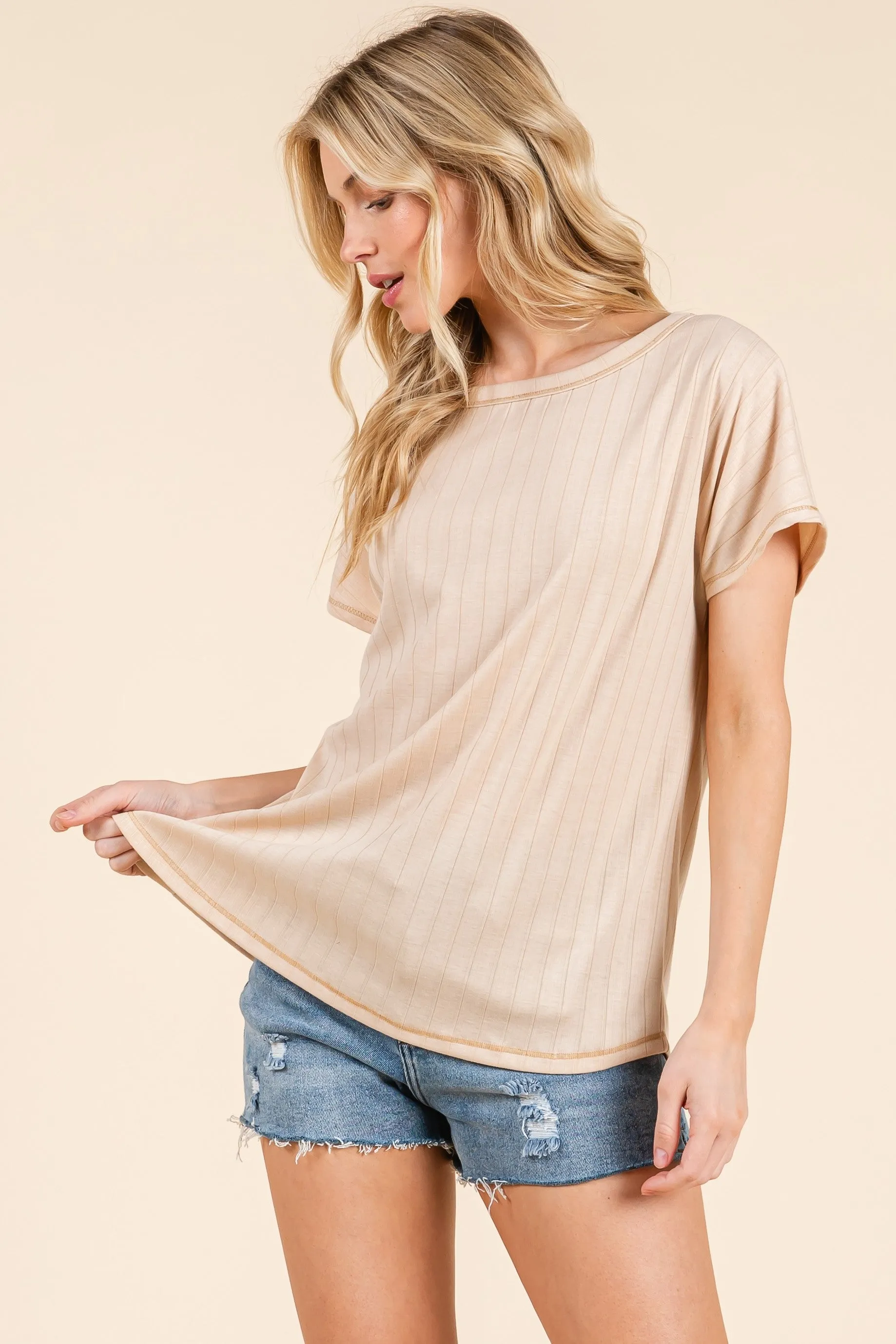 Beige Ribbed Relaxed Tee sold by Pinkblush product image thumbnail 3