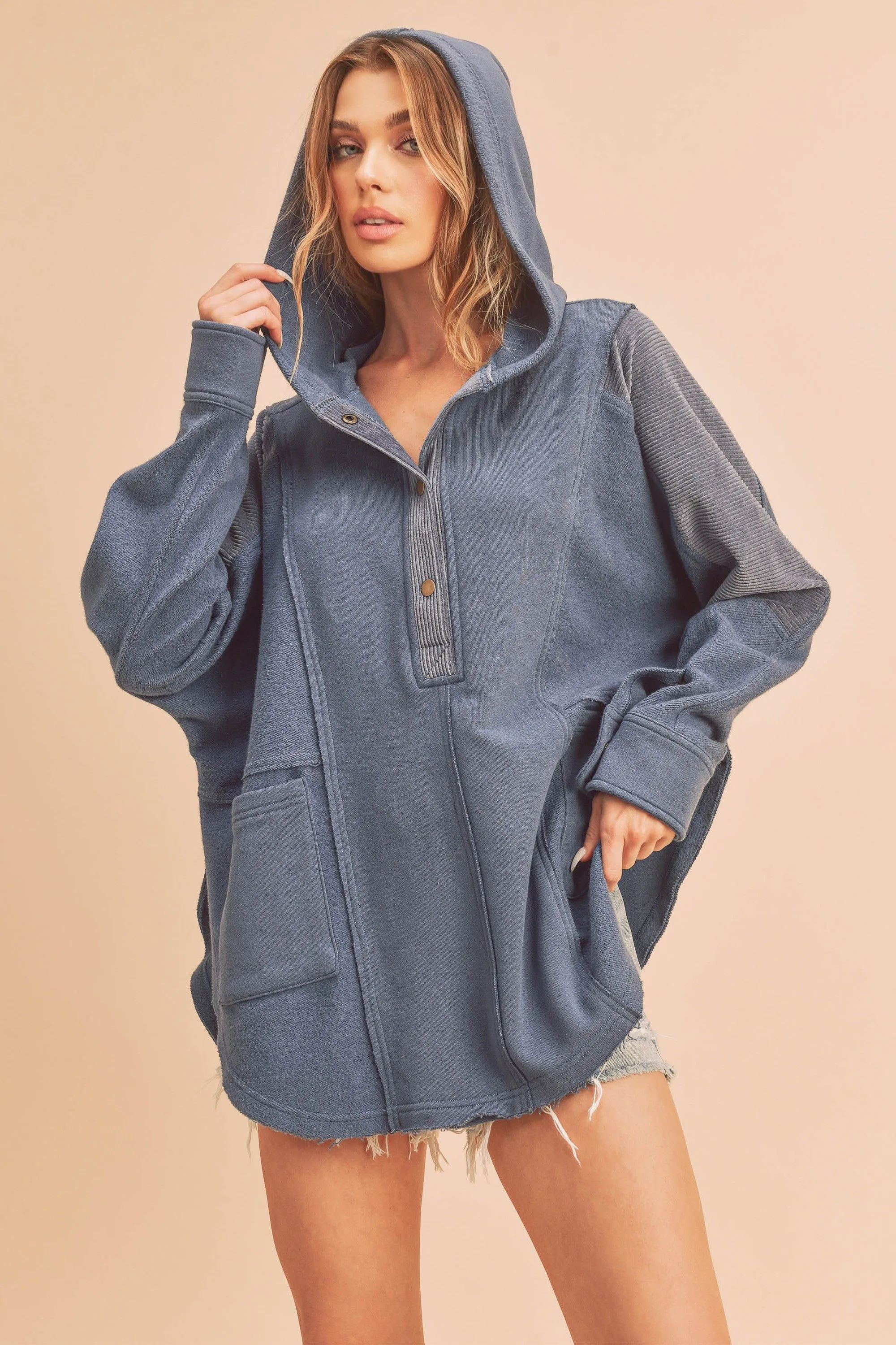 Blue Corduroy Contrast Oversized Hoodie sold by Pinkblush