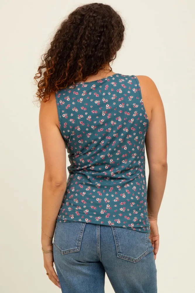 Teal Floral Ribbed Split Neck Maternity Tank Top sold by Pinkblush product image thumbnail 3