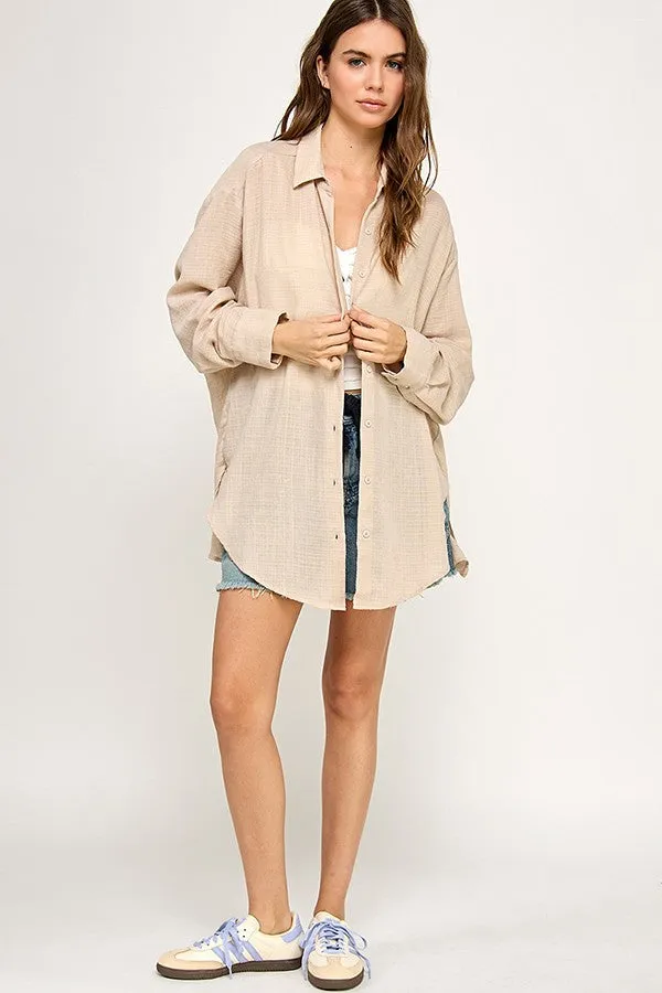 Light Beige Lightweight Sheer Button Down Blouse sold by Pinkblush product image thumbnail 4